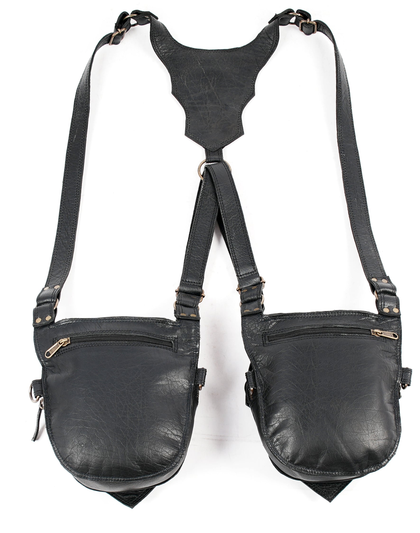 “Dual bag festival holster in black leather with structured panel details”