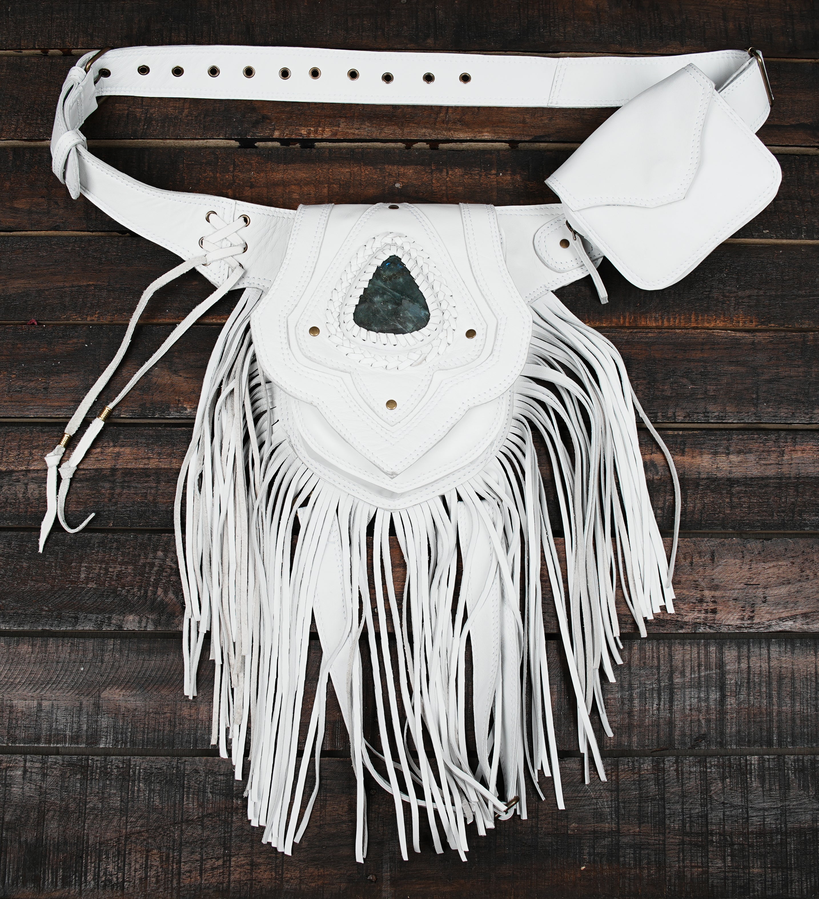 Statement leather thigh belt with gemstone and fringe detail