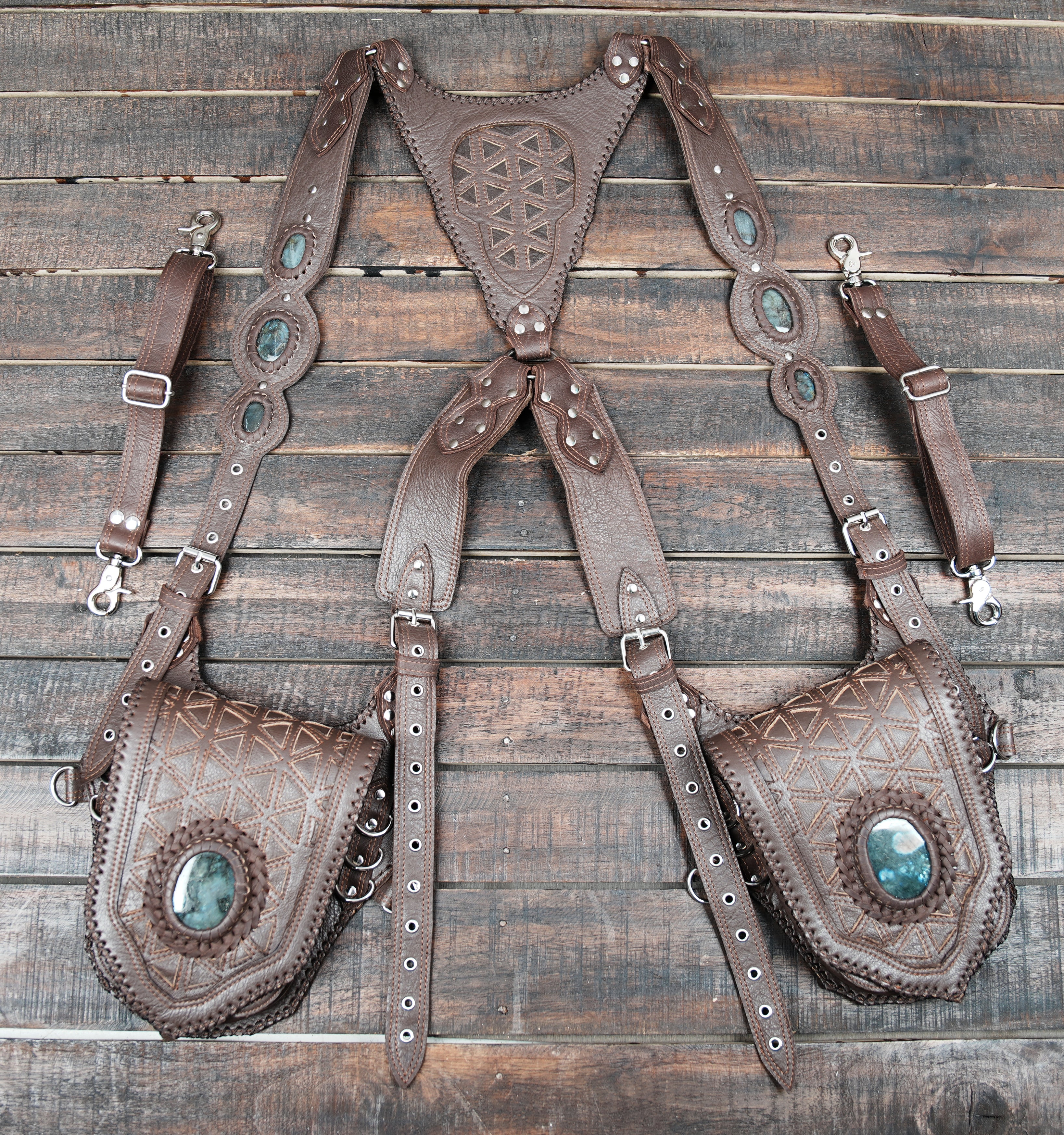 Handmade Tribal Leather Holster with Gemstone Pouches || Unisex Leather Belt Holster with Gem-Embellished Pouches(LT-NS-HLS-6029)