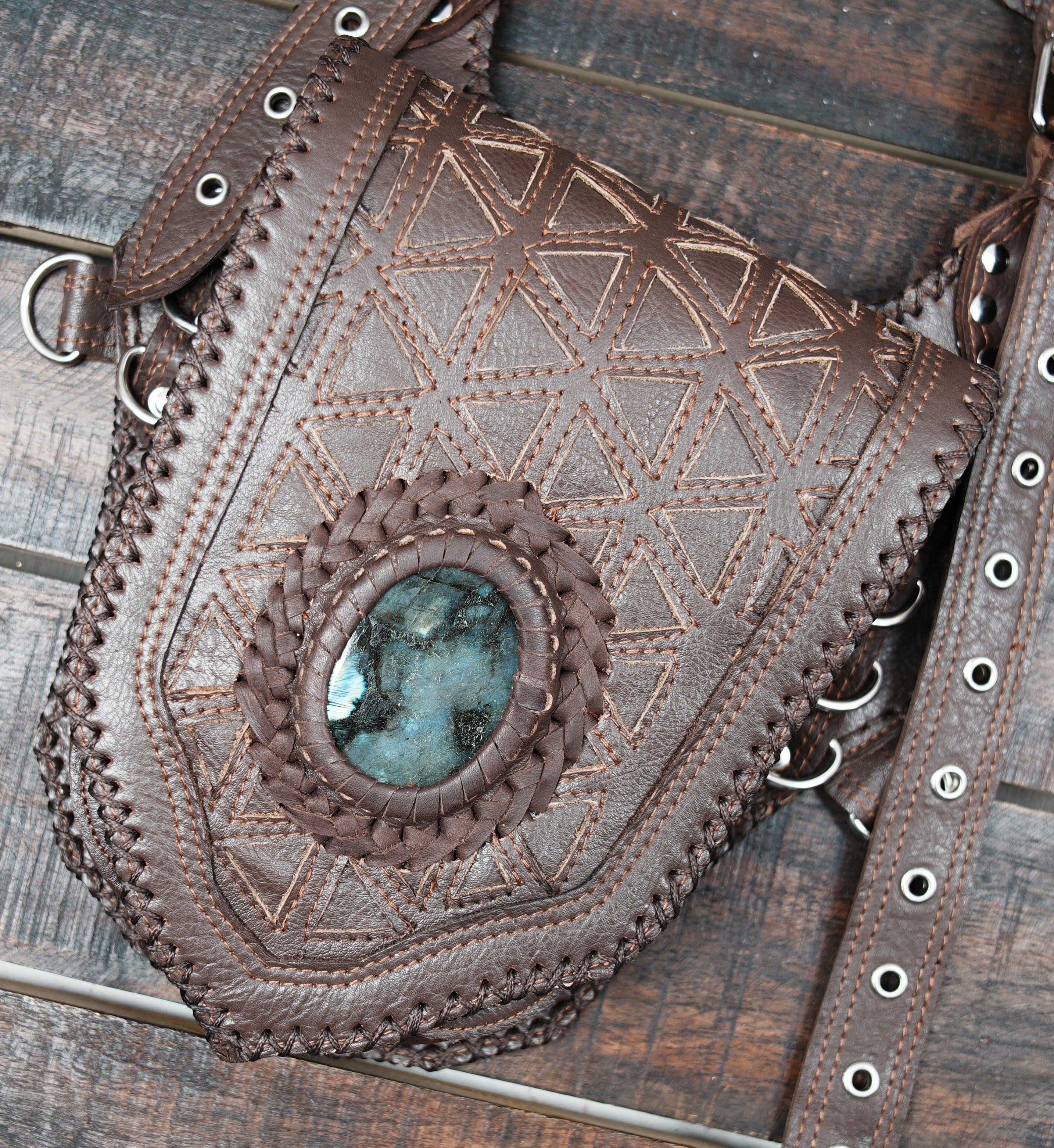 Handmade Tribal Leather Holster with Gemstone Pouches || Unisex Leather Belt Holster with Gem-Embellished Pouches(LT-NS-HLS-6029)