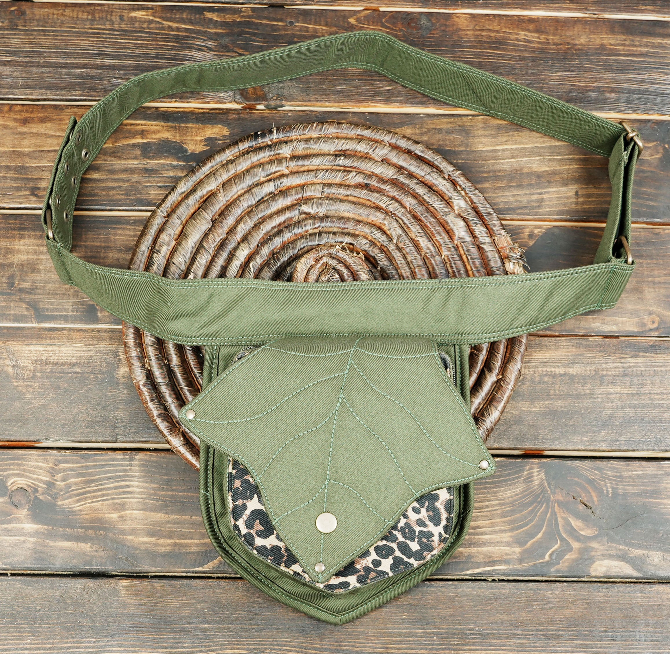 Handcrafted olive green canvas utility belt bag with unique leaf-shaped flap
