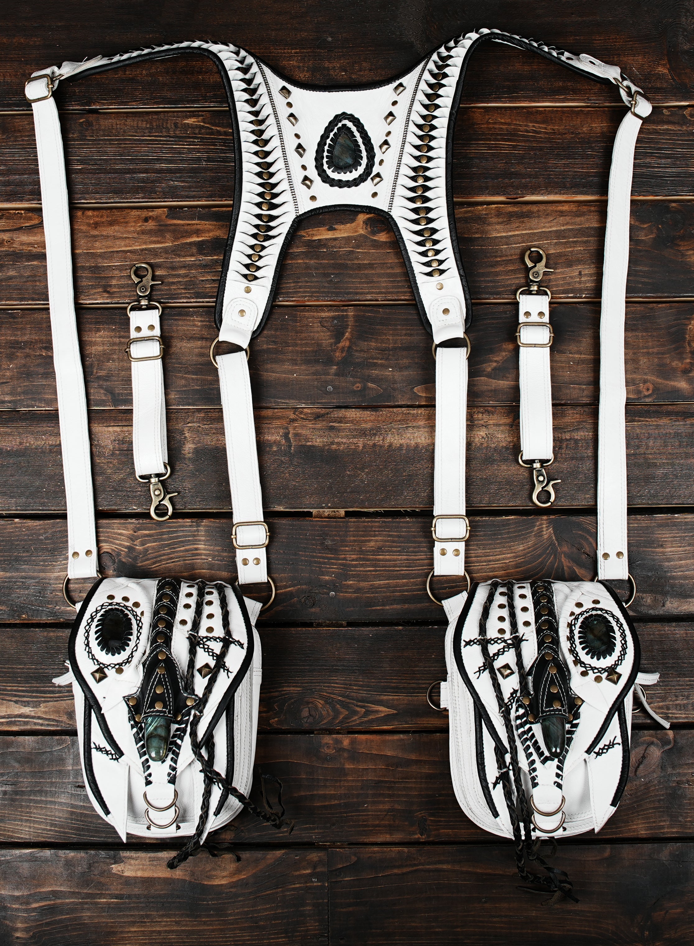 White leather double holster harness with gemstone accents