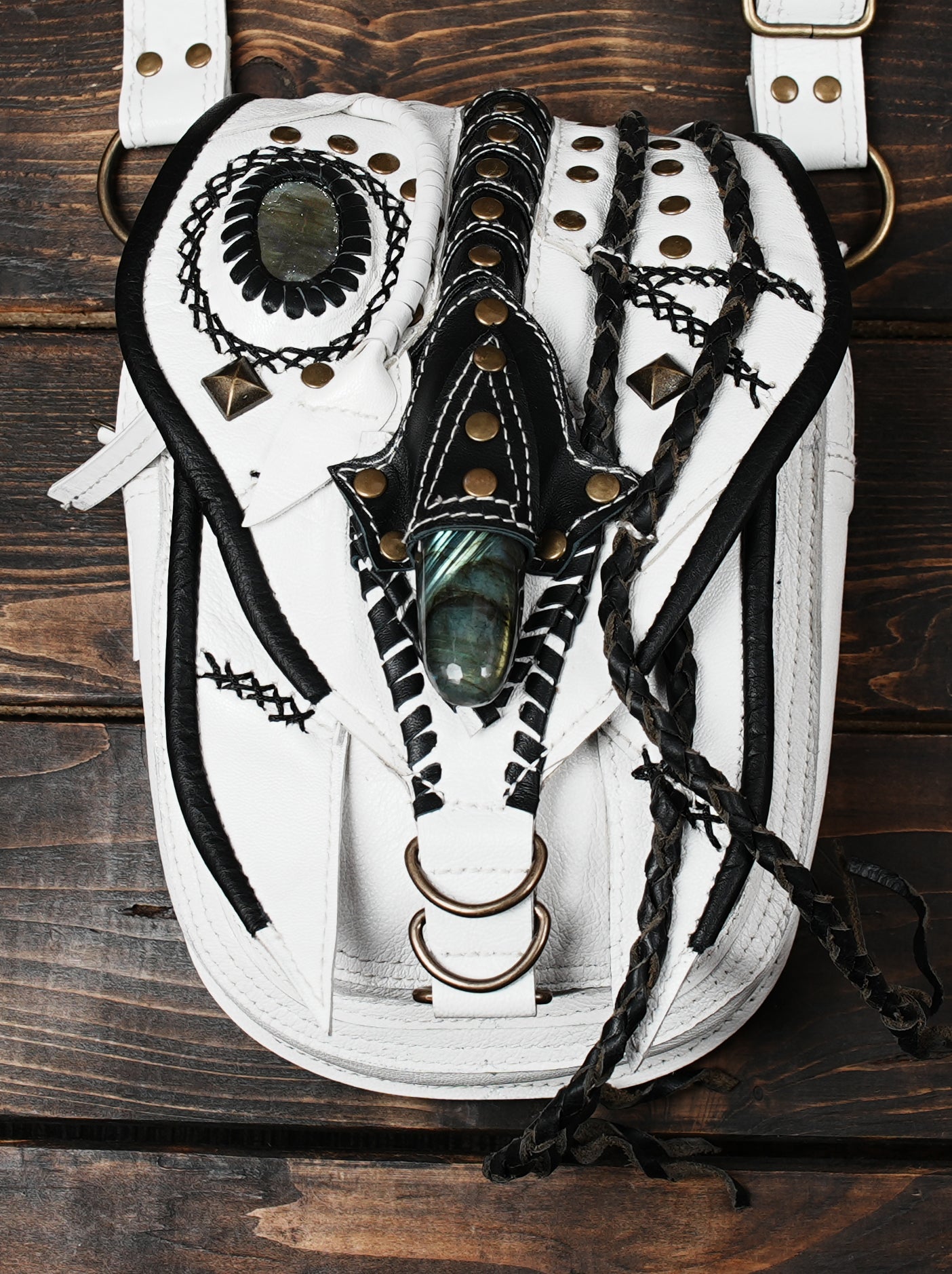 Festival leather holster bag with adjustable straps and stone inlays