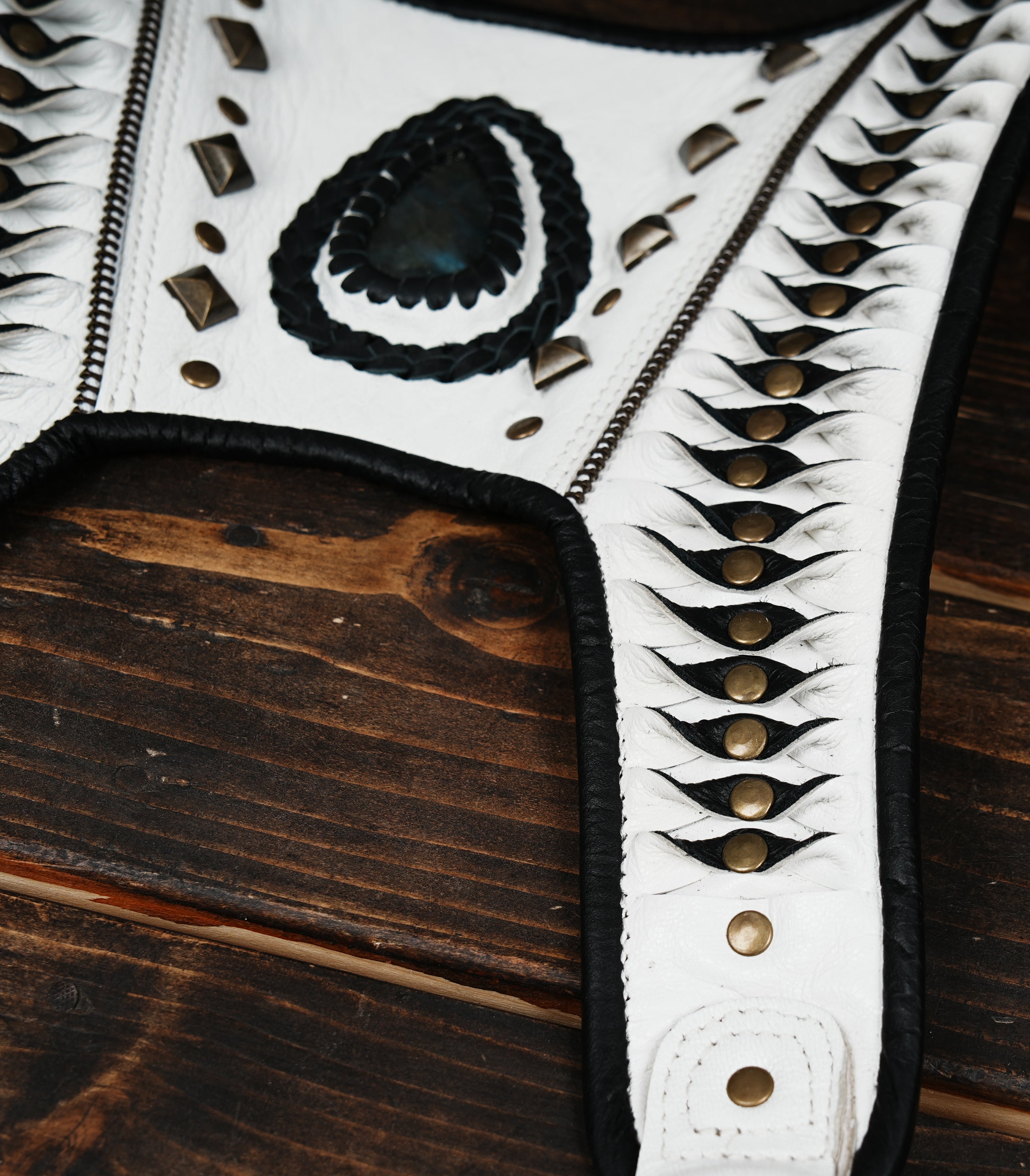 Steampunk style white leather holster with gemstone centerpiece