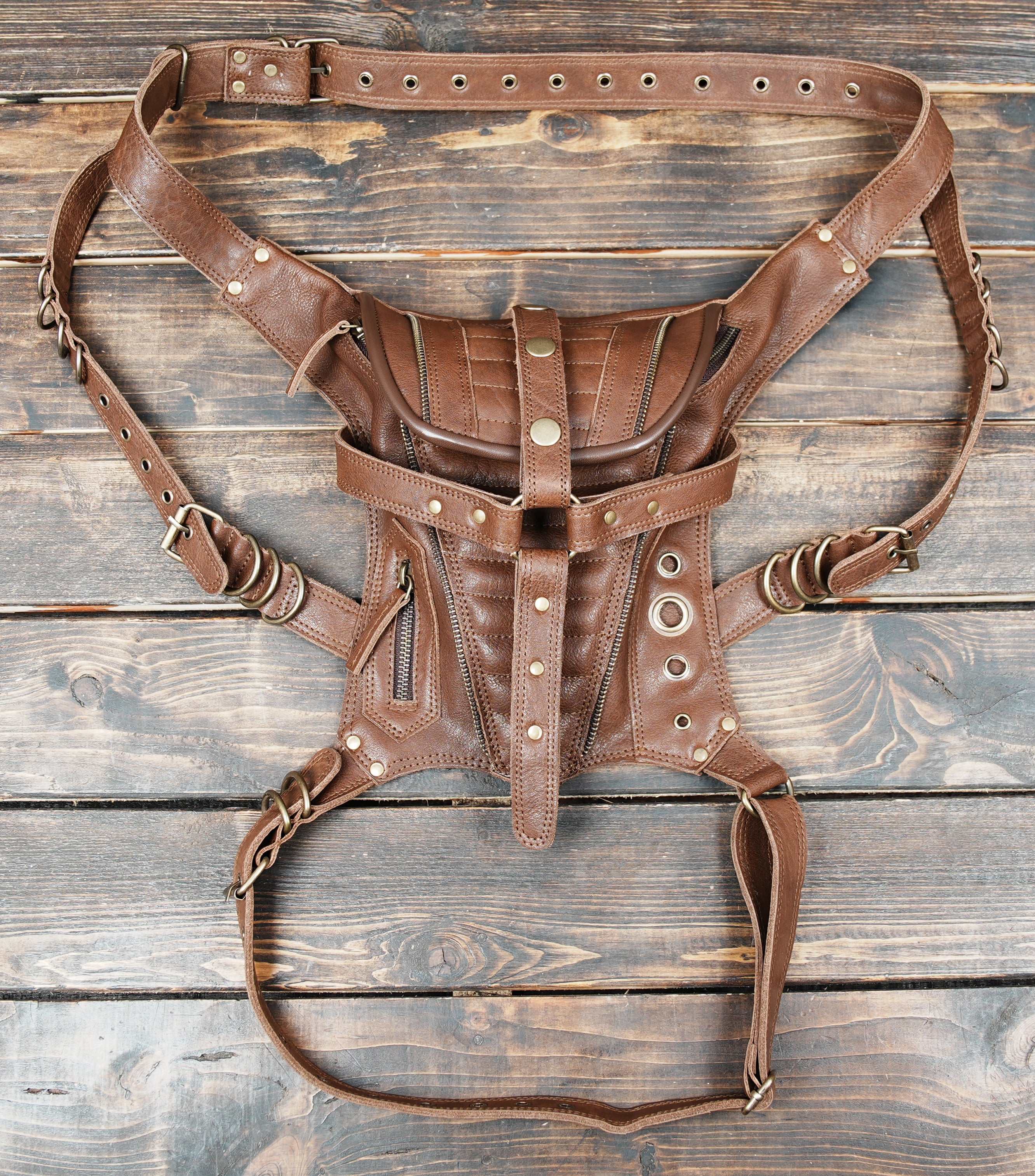 Handmade black leather waist thigh belt with multiple ring details