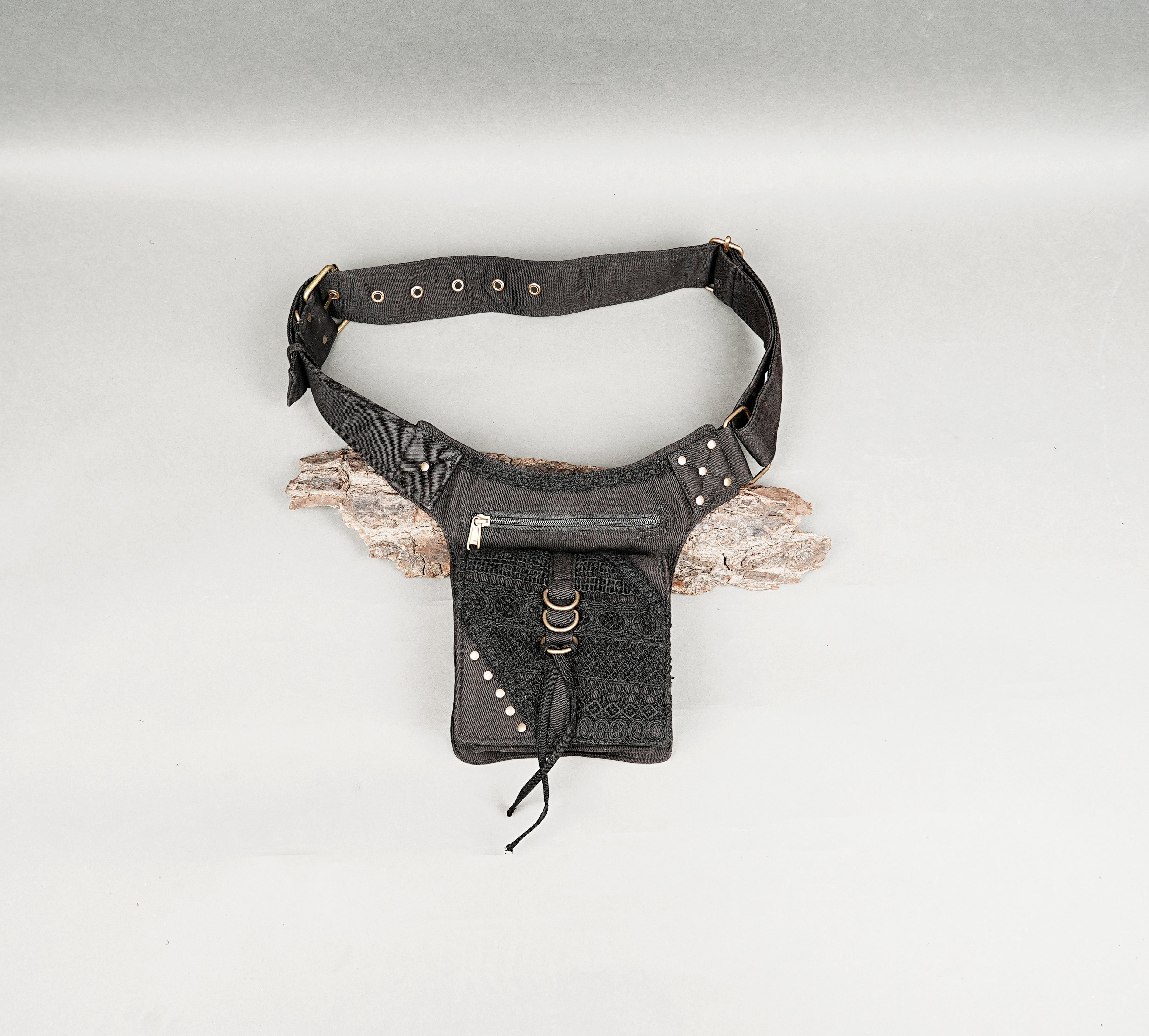 Black boho utility belt with embroidered tribal pocket