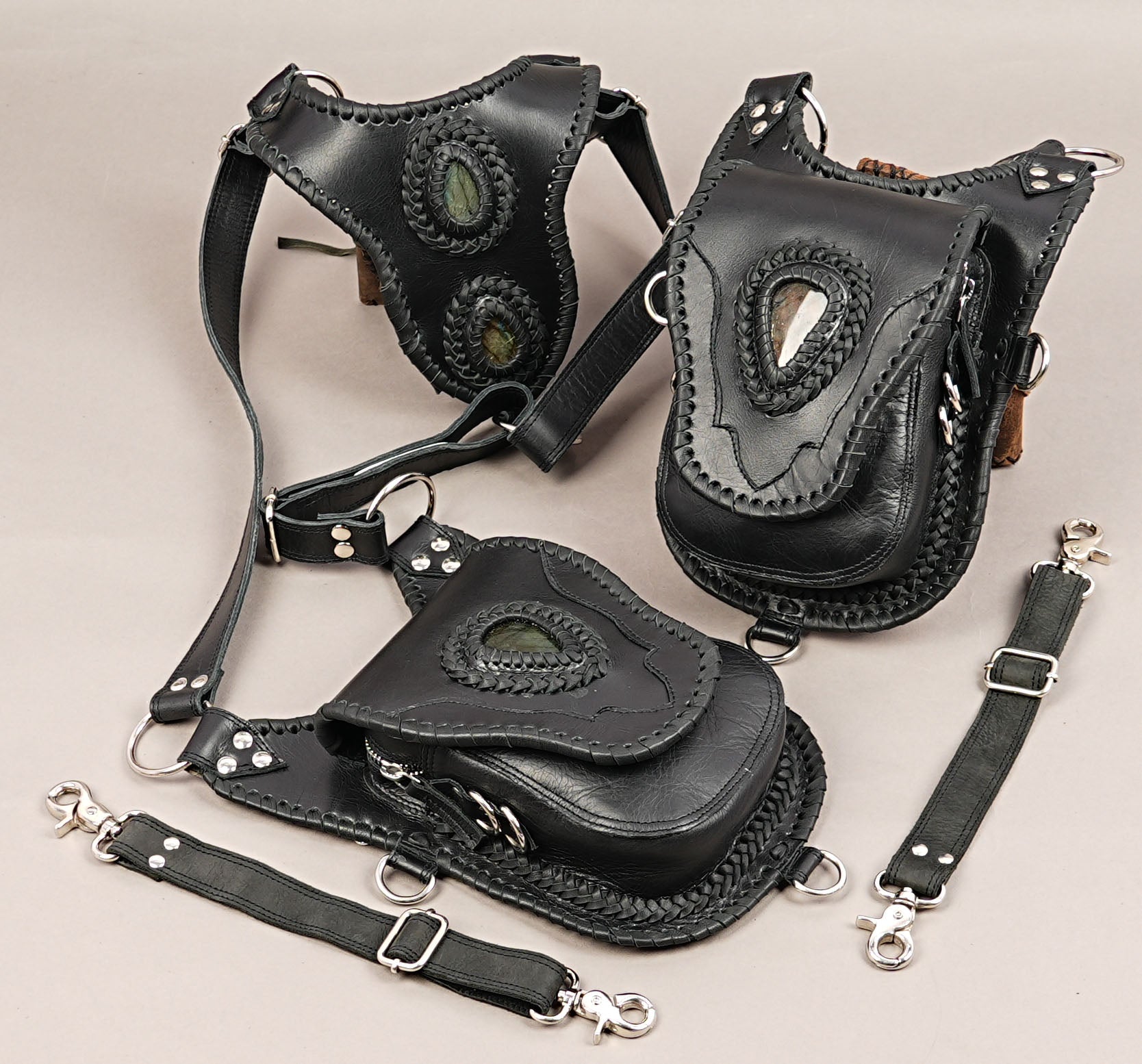 Premium handmade leather holster with two storage pouches