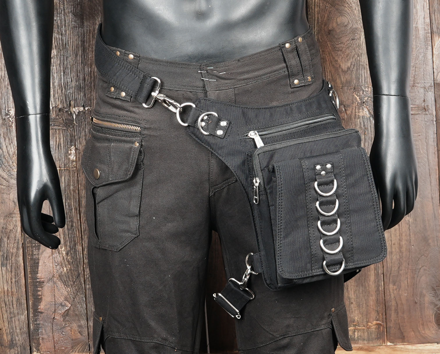 Unisex gothic hip bag with thigh strap made from strong cotton fabric