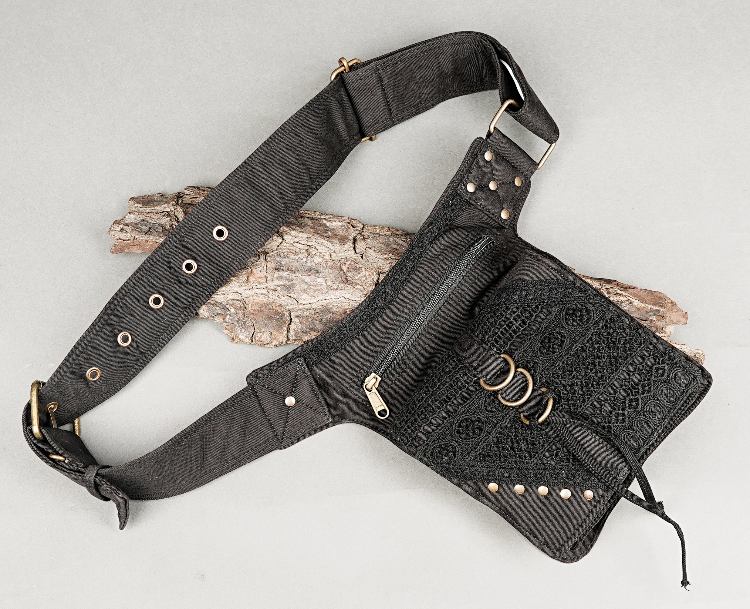 Boho tribal fanny pack with brass hardware detailing
