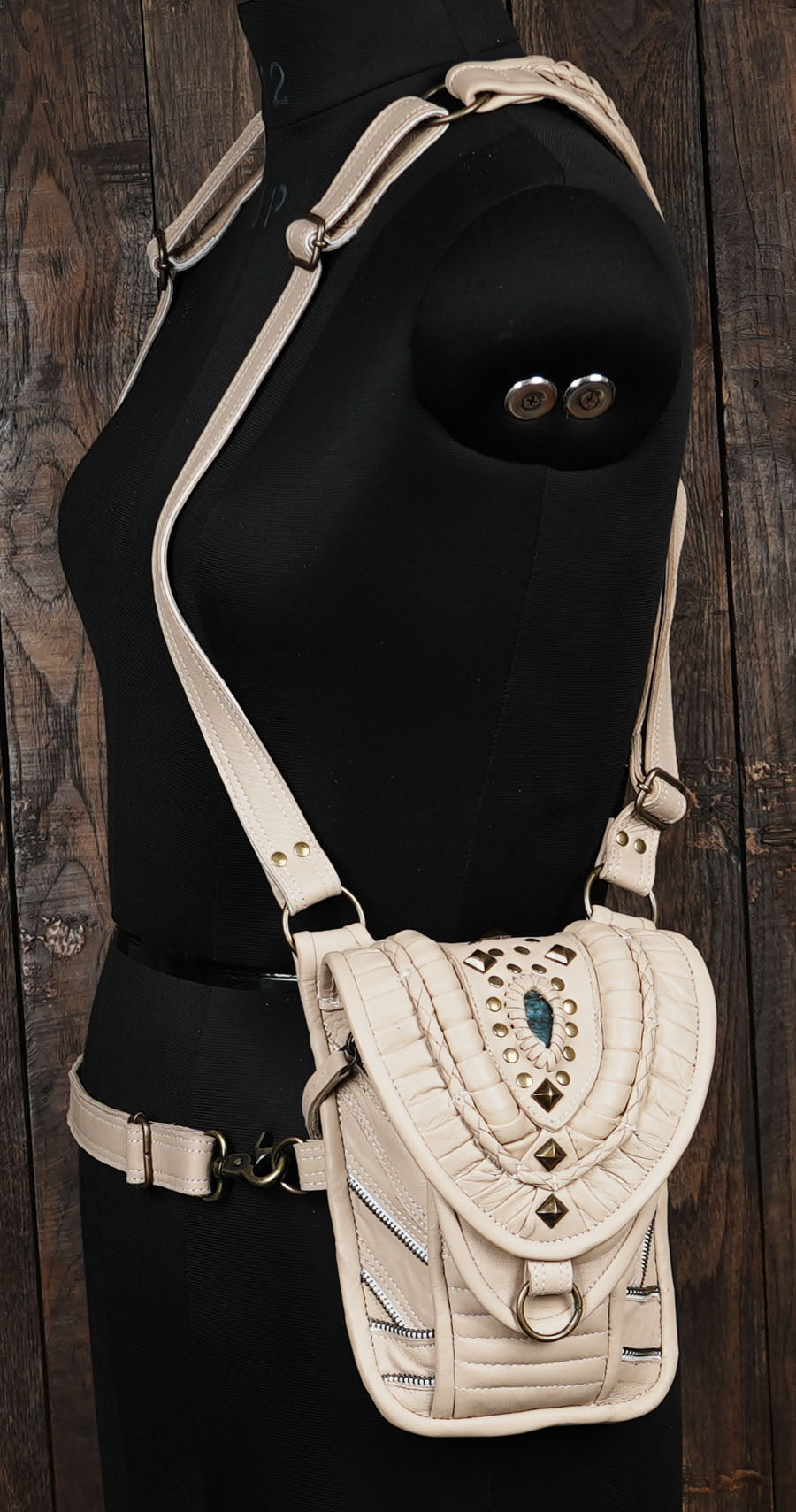 Handcrafted Cream Leather Double Holster with Gemstone Accents || Cream Leather Travel Holster with Tribal Accents (LT/AB/HLS/6131)