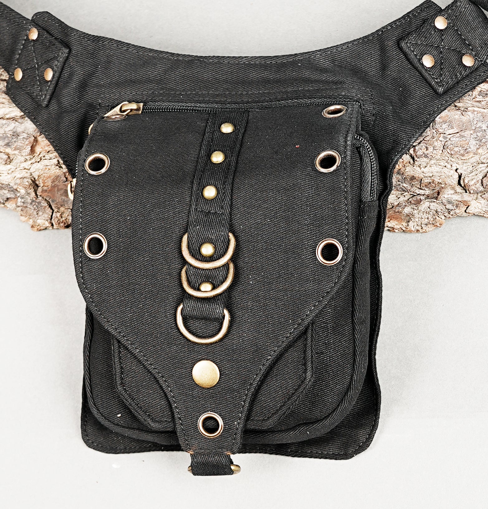 Black bum bag with brass rings and stud detailing
