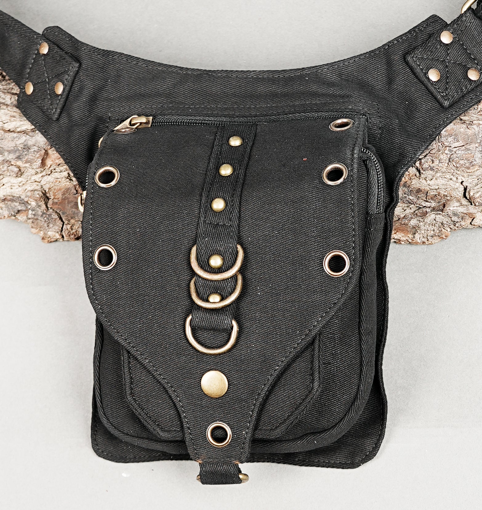 Multi-pocket belt bag in black canvas with antique brass buckles