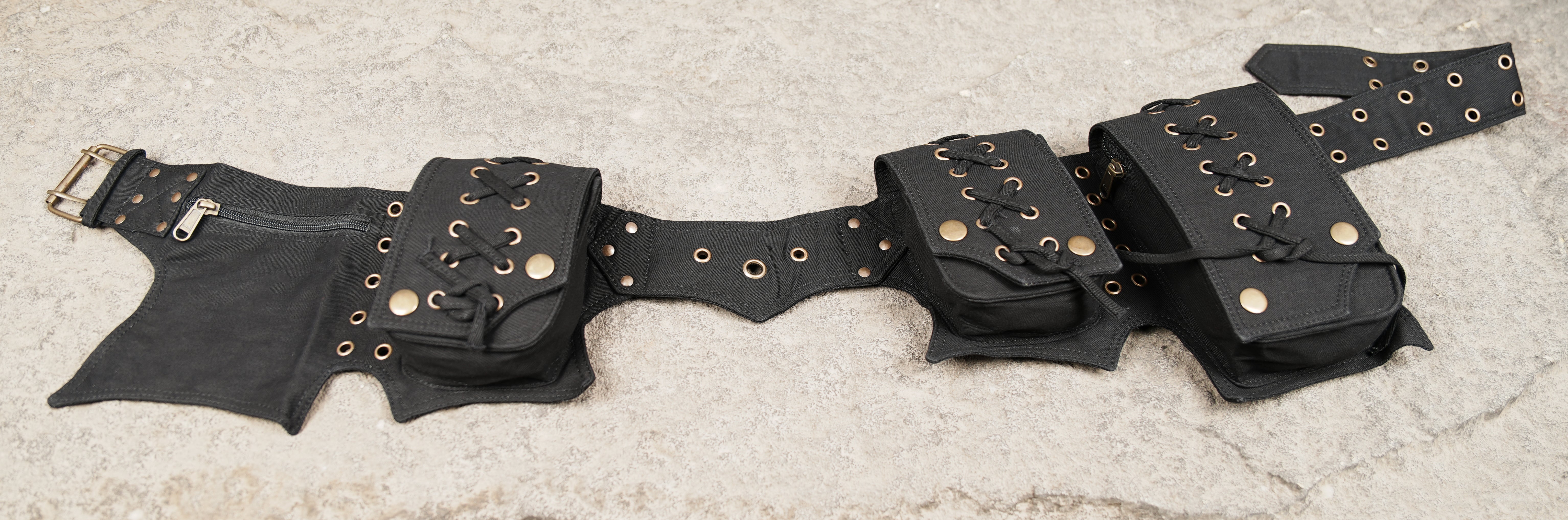 Handmade cotton festival belt with storage pouches and antique brass hardware