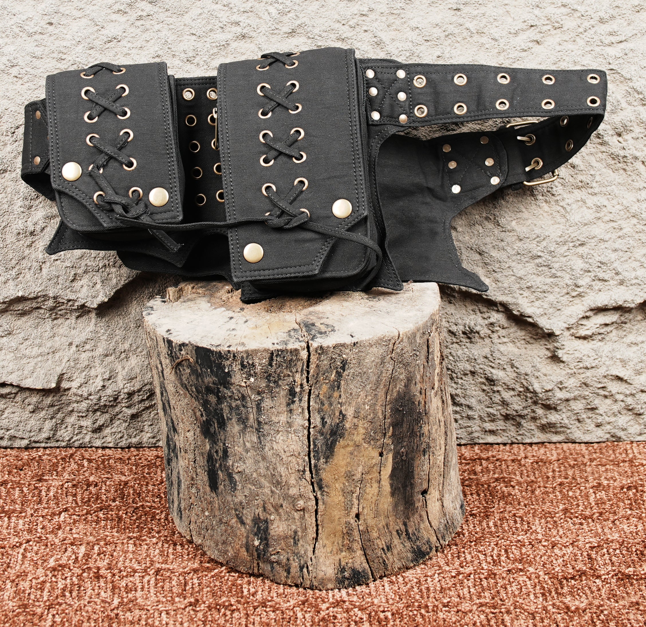 Utility pocket belt with lace-up pouches and adjustable cotton waistband