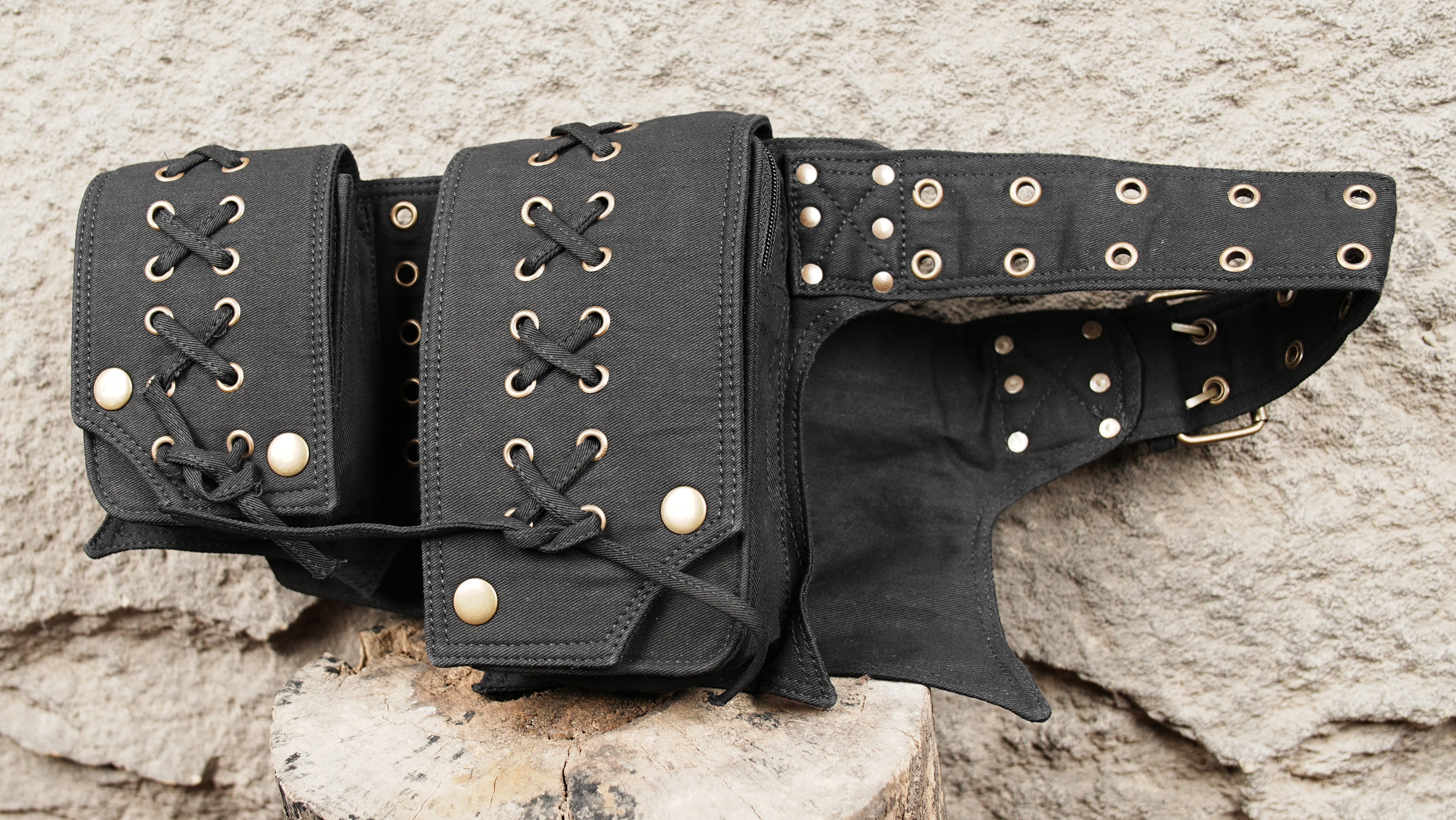 Festival waist pack with multiple compartments and gothic style details