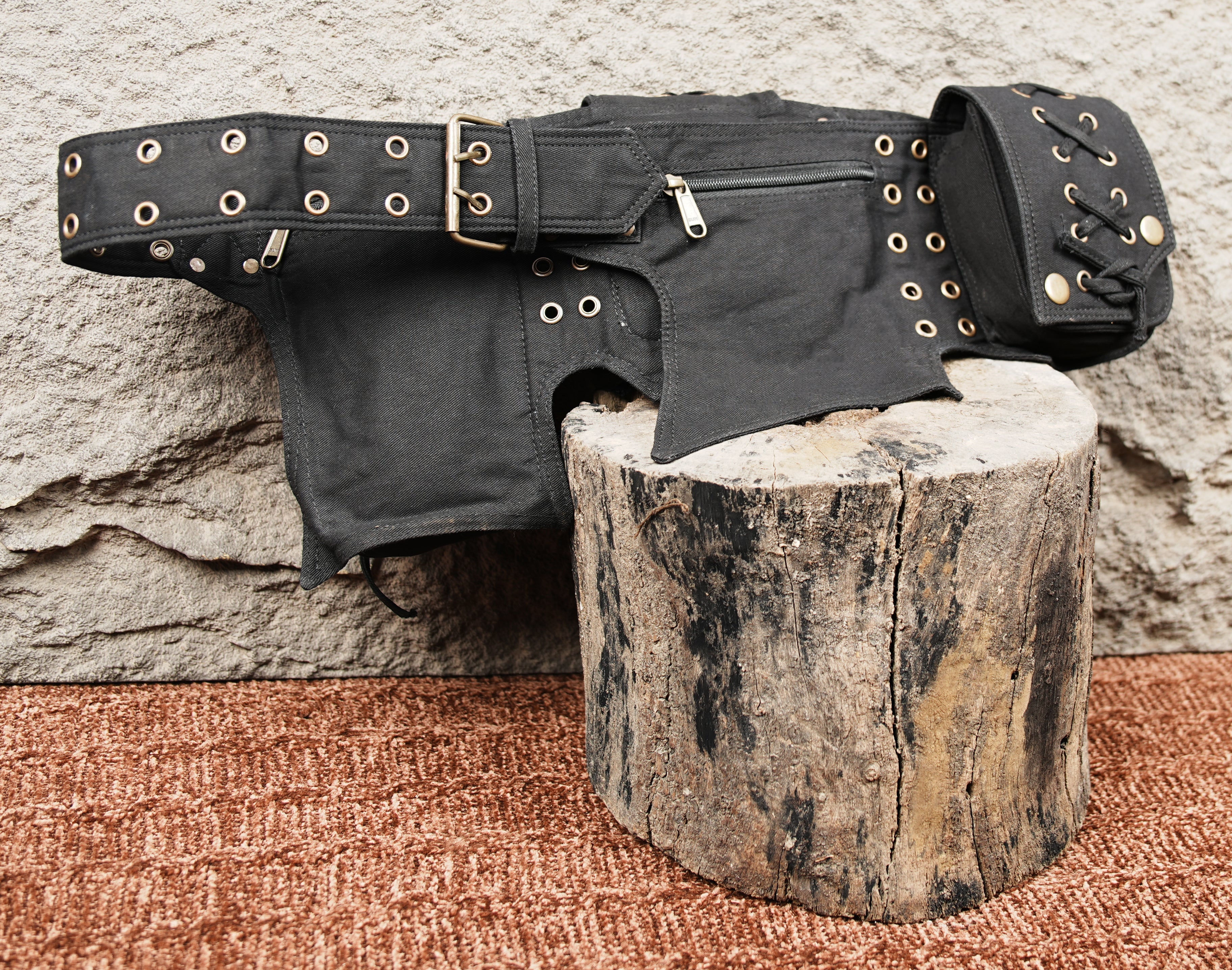 Cotton utility belt bag with secure zipper pocket and brass accents
