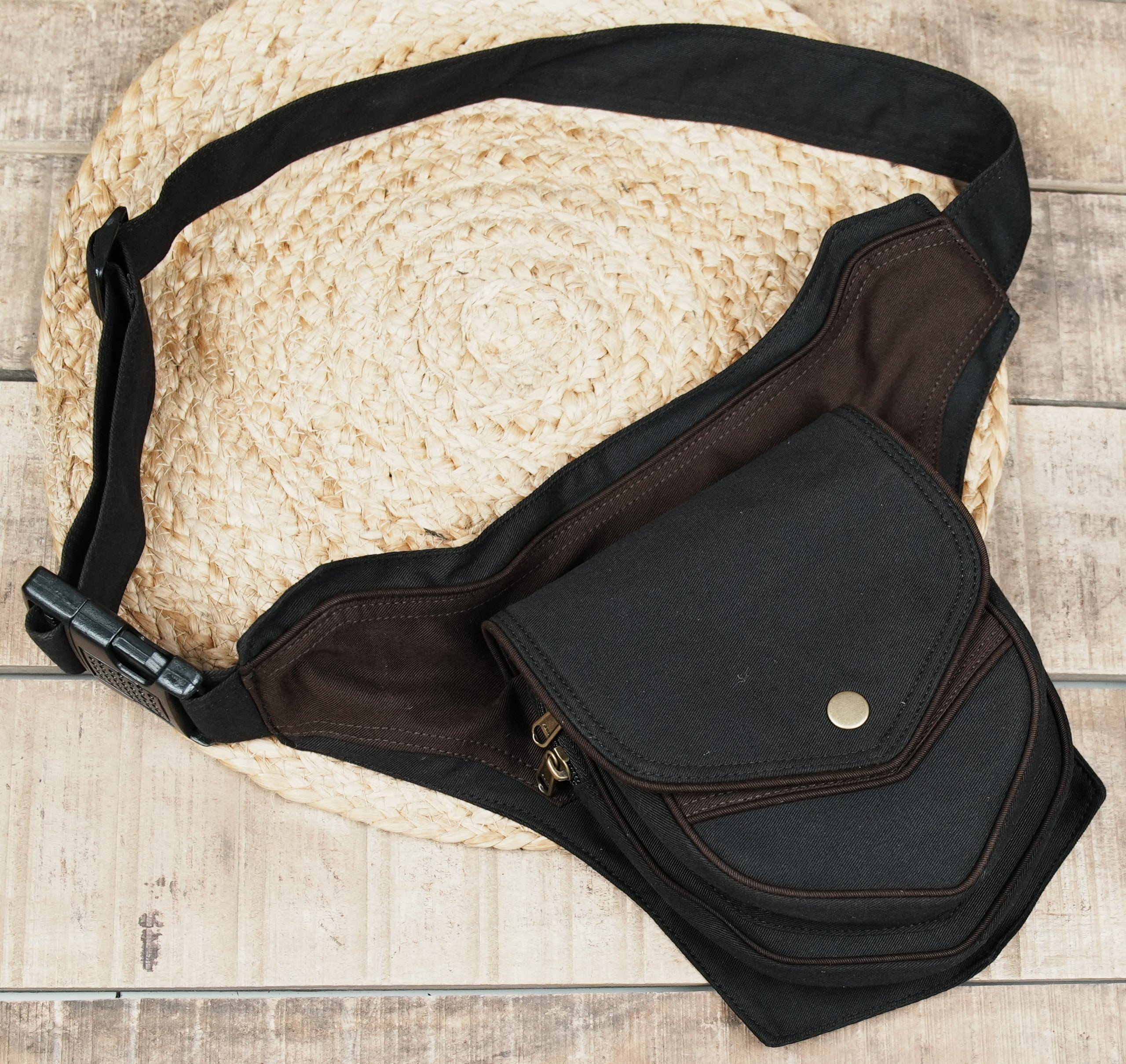 Unisex black and brown hip bag with adjustable waist strap