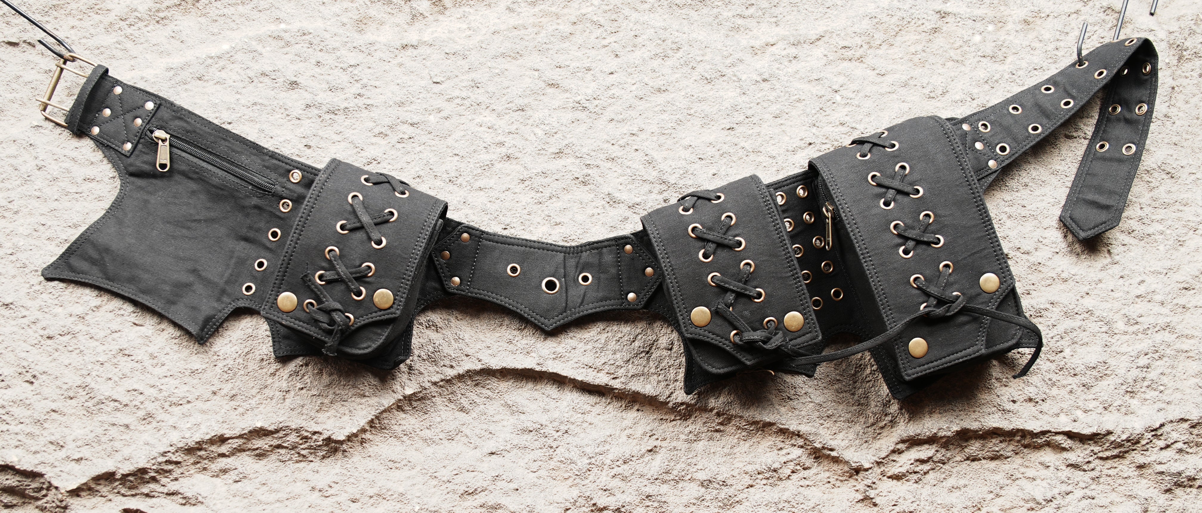 Gothic festival utility belt with lace-up pocket flaps and zip compartment