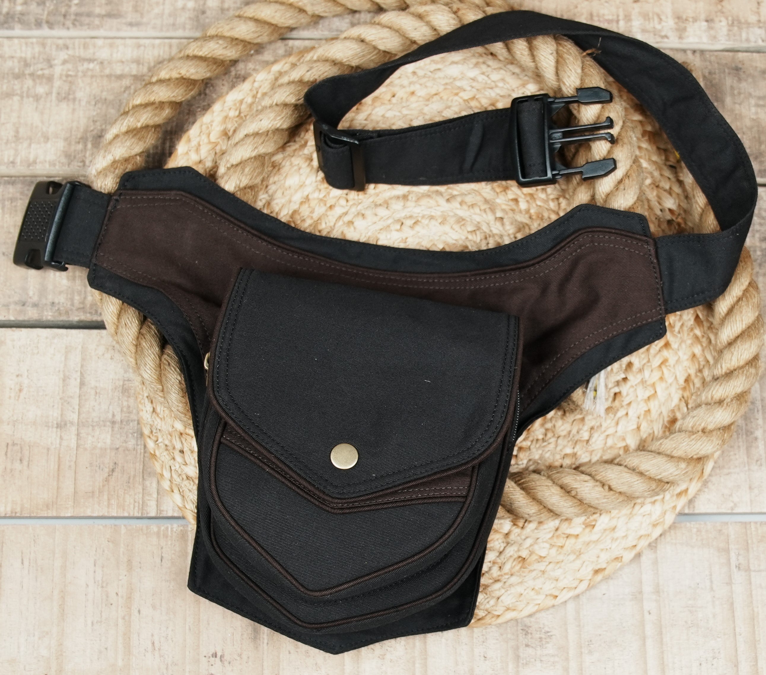 Black and brown utility belt bag with drop-leg style for events