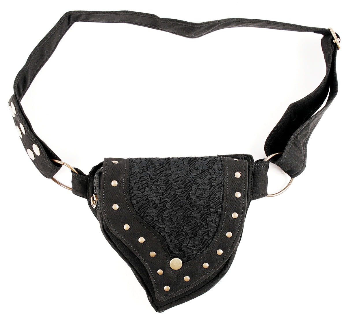 Black cotton utility waist bag with gold studs and large O-rings laid on textured grey fabric.