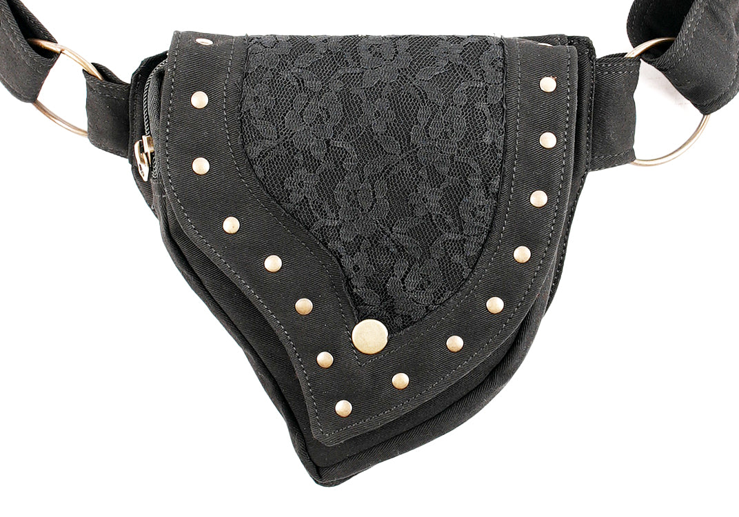 Modern, studded black cotton belt bag for men or women, perfect for travel or festivals.