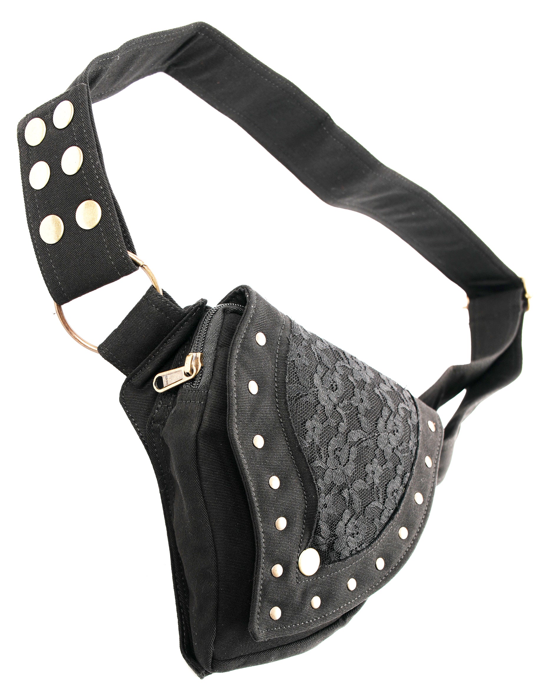 Cotton canvas hip belt bag with unique shape, gold-colored ring and buckle hardware, black.