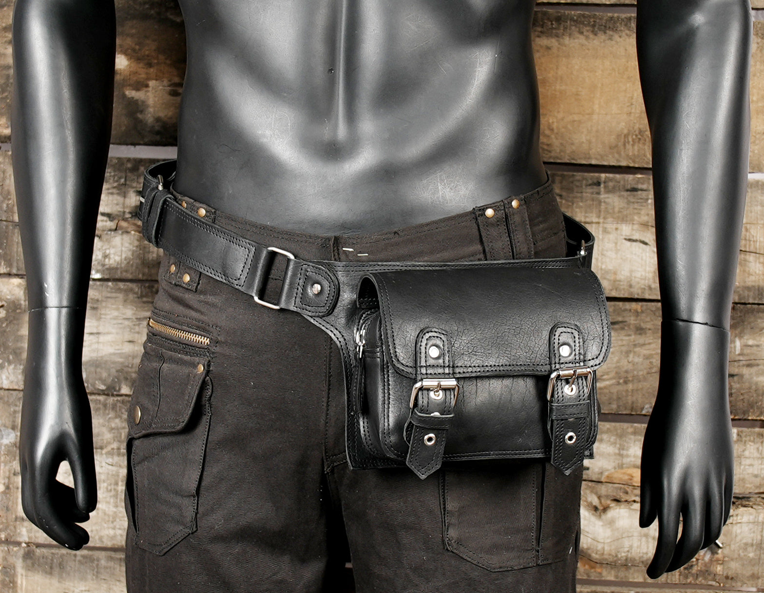 Handmade leather waist belt with front utility pocket