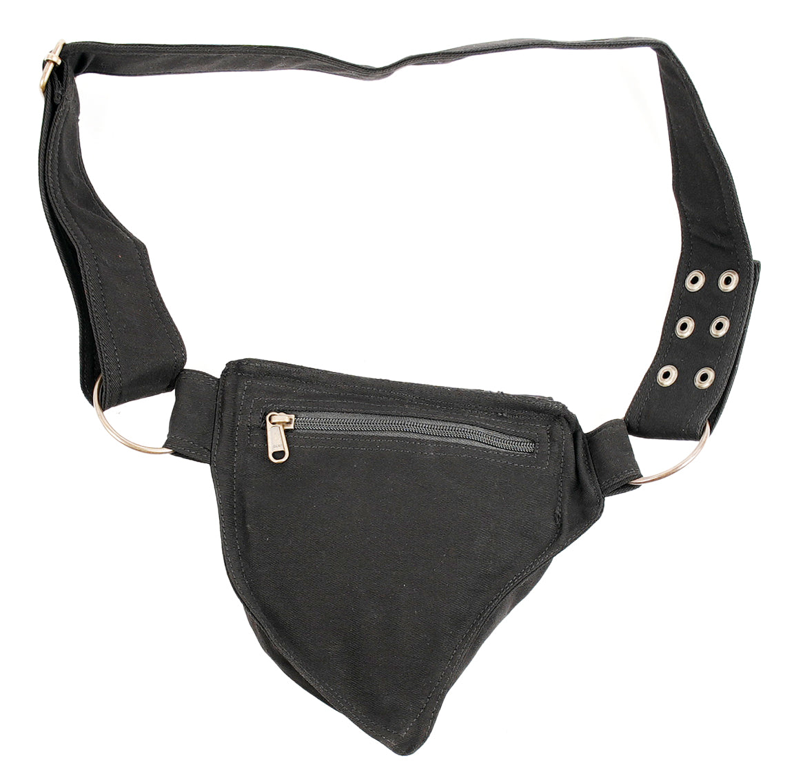 Heavy-duty black canvas utility belt bag for carrying essentials, featuring gold rivets and buckles.