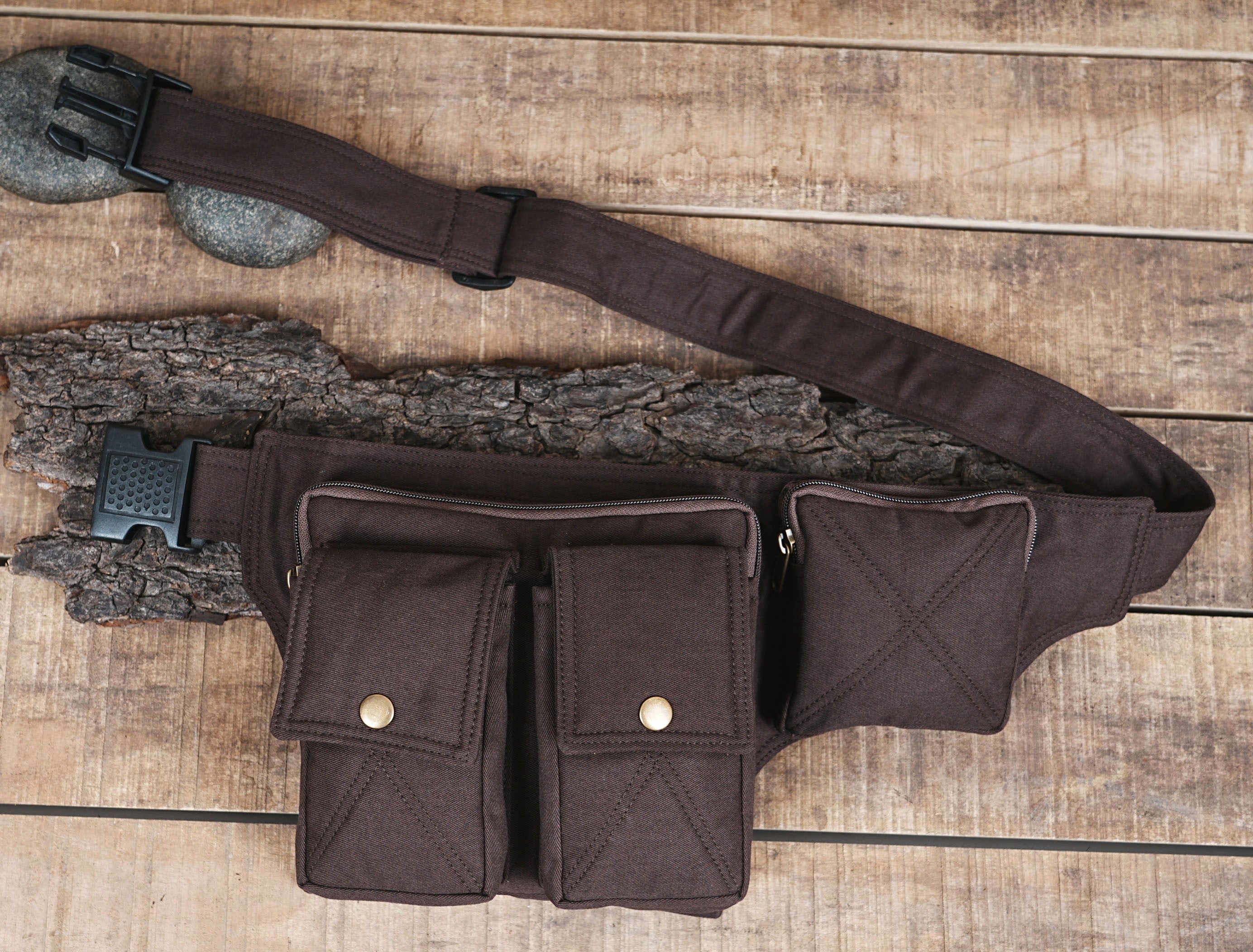 Outdoor utility belt bag with buckle strap fully unbuckled
