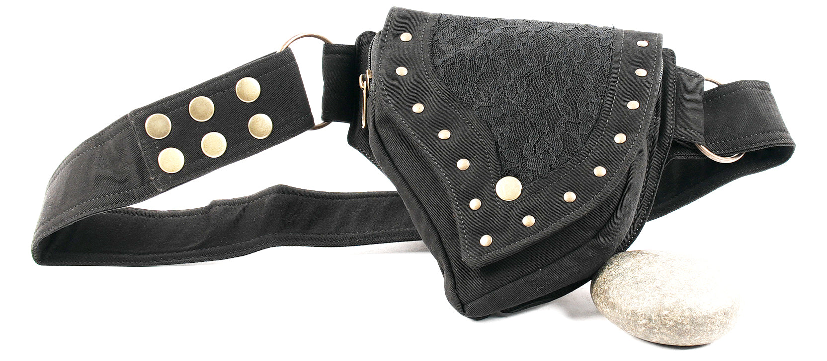 Compact and stylish black fanny pack with a distinct studded pouch and large side rings.