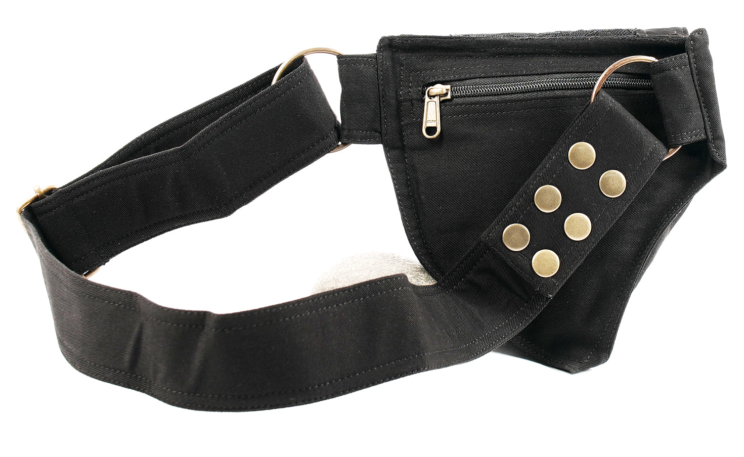 Cool and edgy asymmetrical waist pack with multi-gold rivet accents and an adjustable strap.