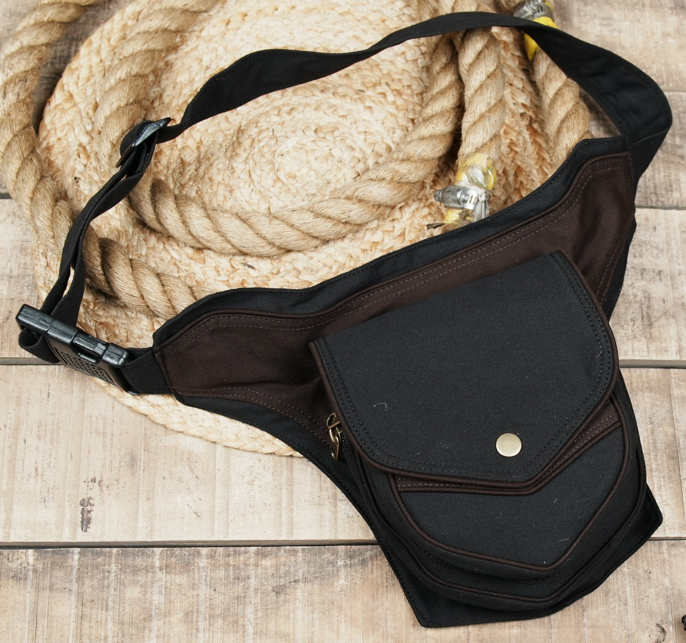 Hands-free black and brown bum bag with layered front pouches