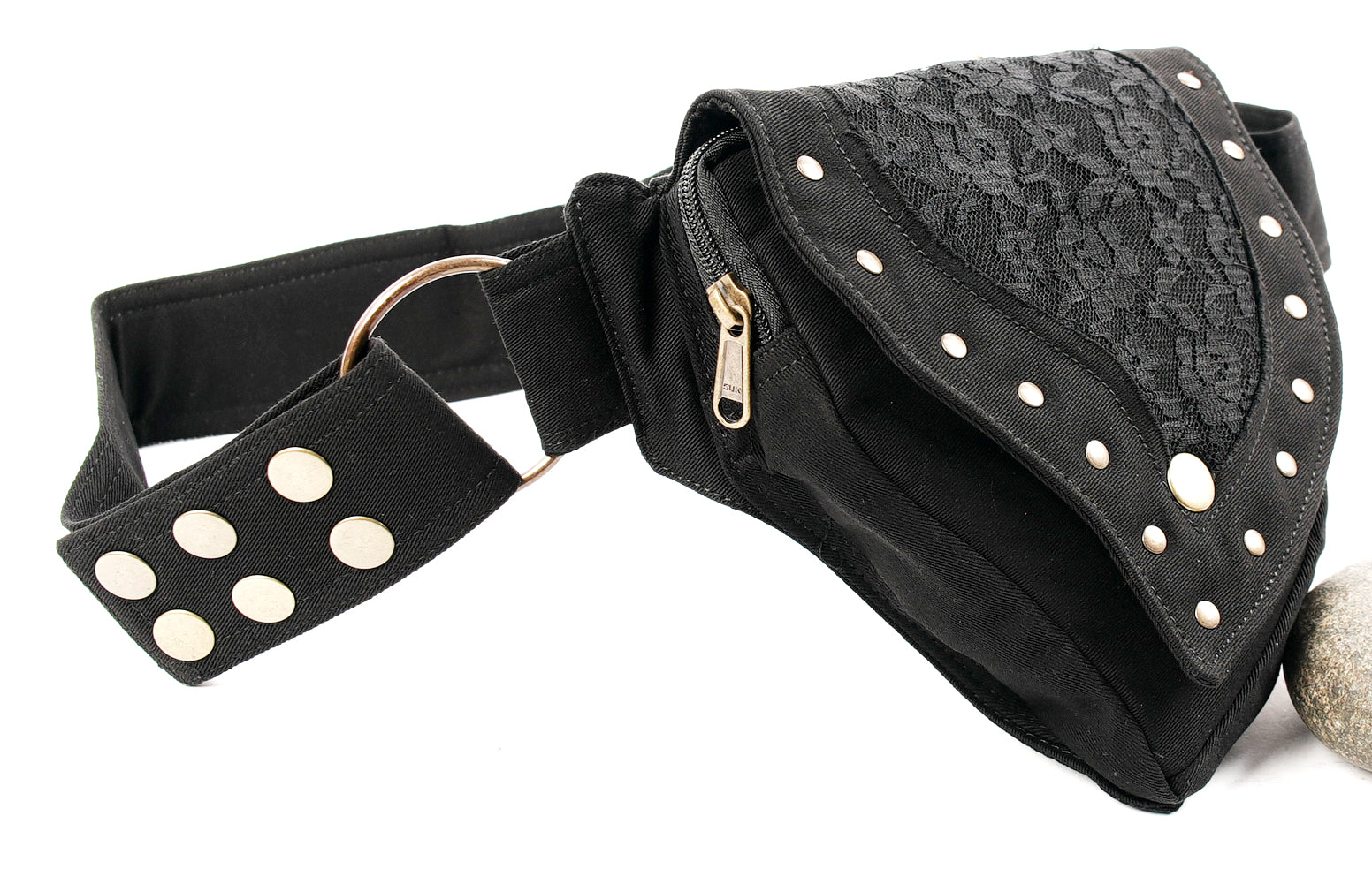 Secure and durable cotton waist bag featuring multiple gold rivets and a sturdy metal clasp.