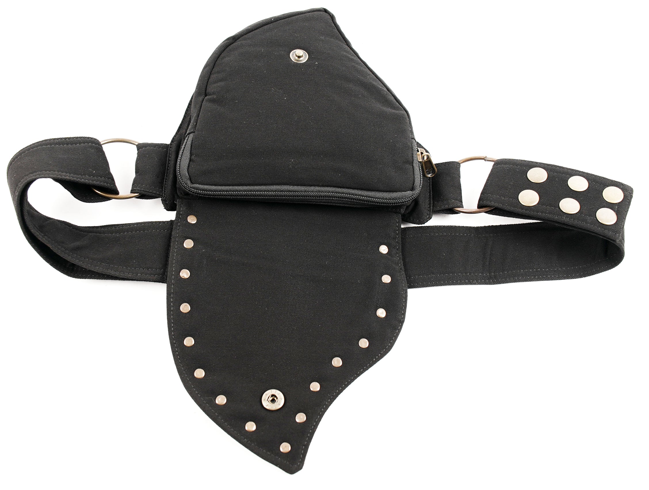 Alternative-style black canvas bumbag with asymmetric studded pouch and polished gold accents.