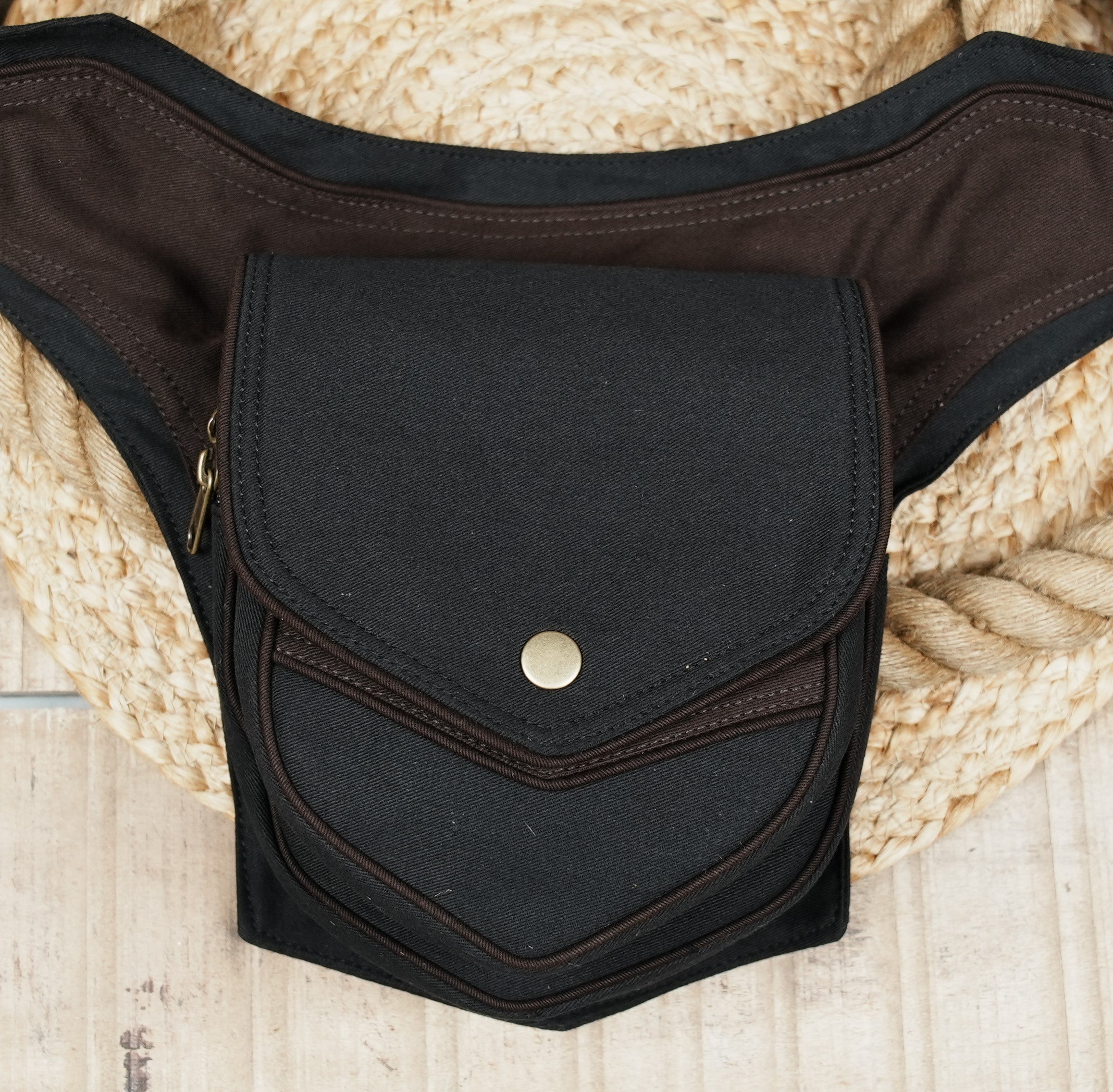 Handmade festival thigh bag and waist pack in black and brown