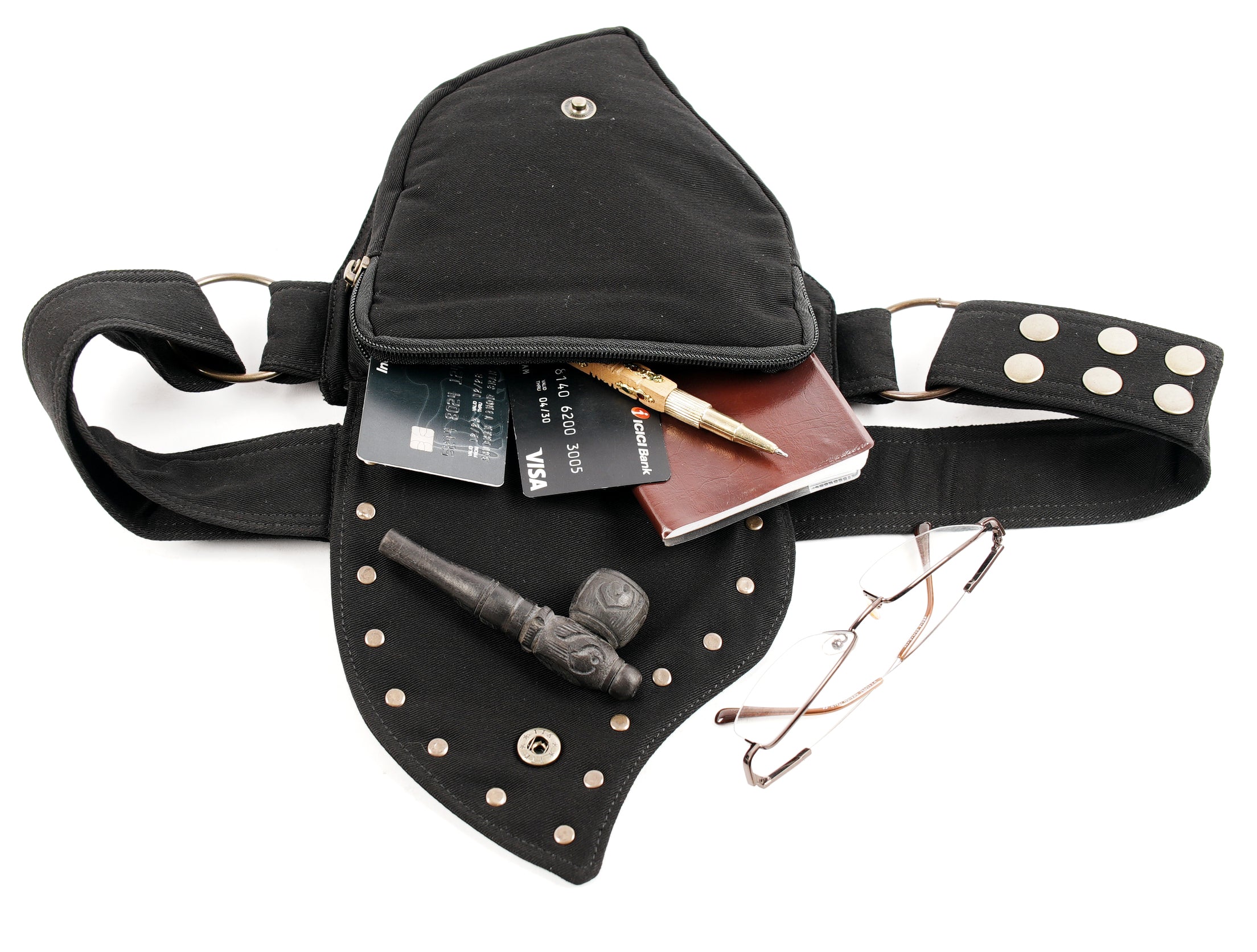 Practical and fashionable black cotton hip bag with a distinctive asymmetrical design and gold studs.
