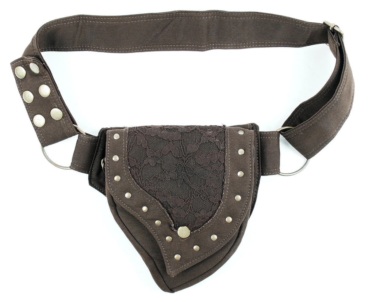 Smaller-sized asymmetrical fanny pack with a secure studded flap and durable cotton canvas construction.