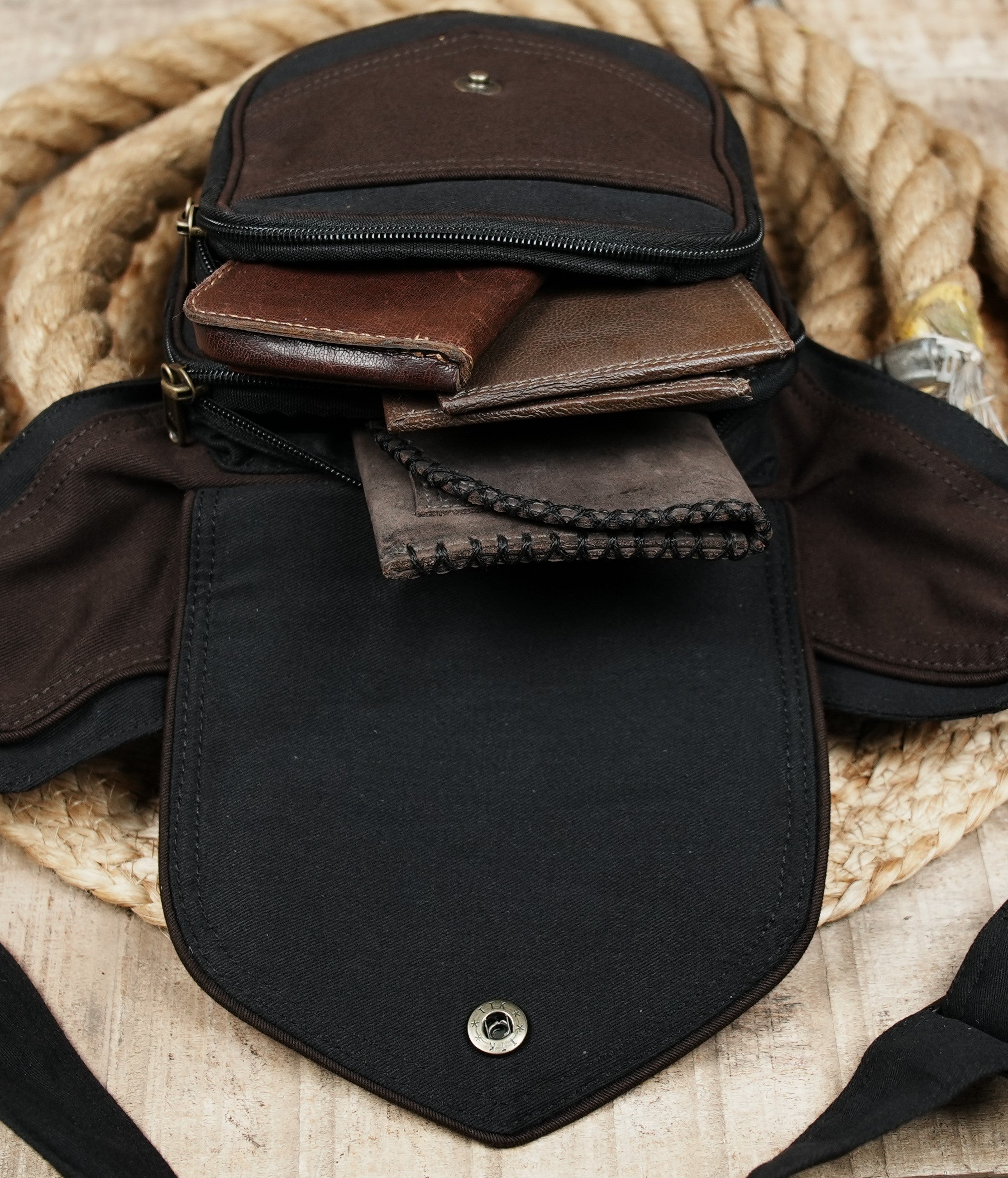 Rugged black and brown hip belt for hands-free festival wear