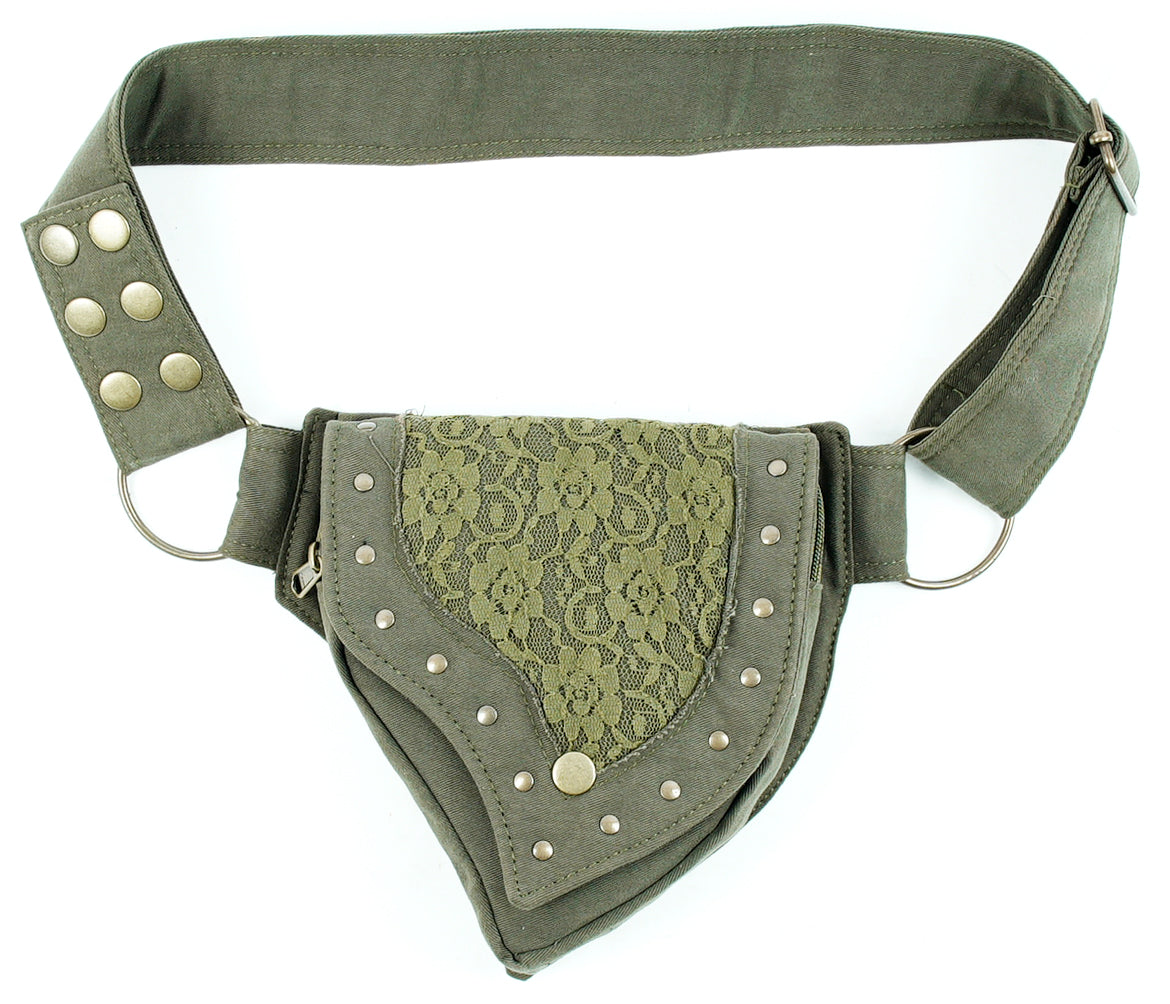 Distinctive black utility waist pouch with unique geometry, gold studs, and robust metal rings.