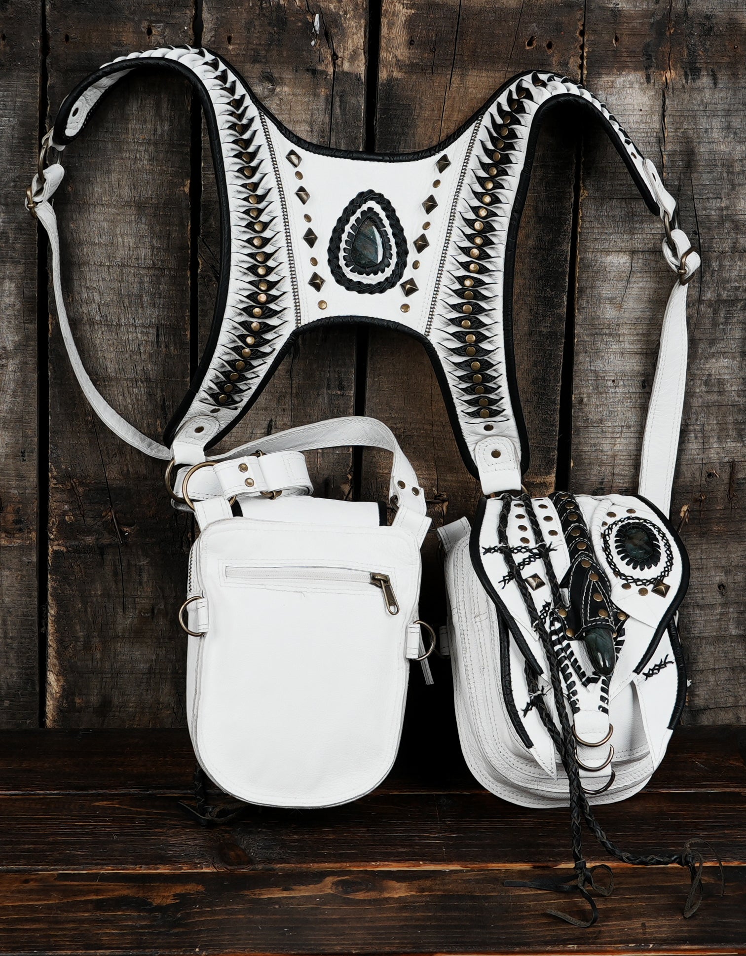 White leather crossbody holster set with stones and metal studs