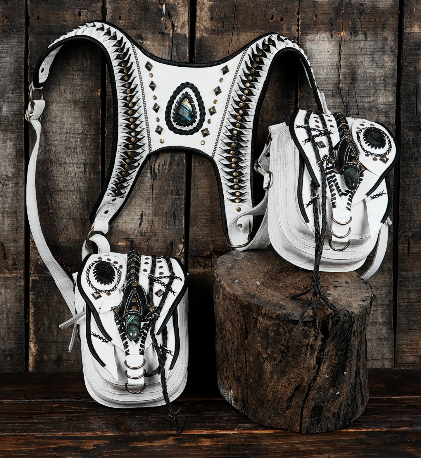 Handmade shoulder holster with white leather and dual storage pouches