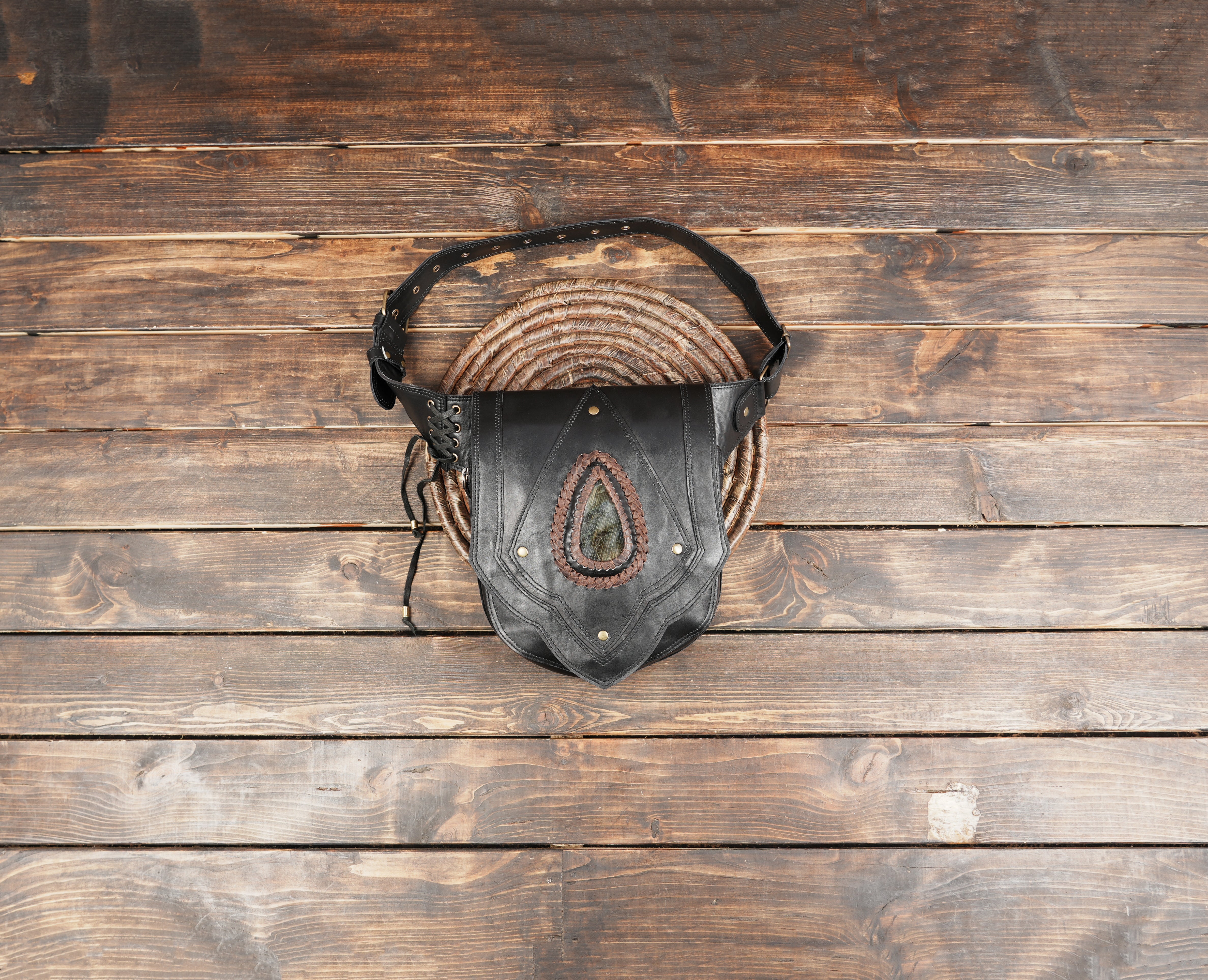 Handmade black leather waist belt with gemstone centerpiece