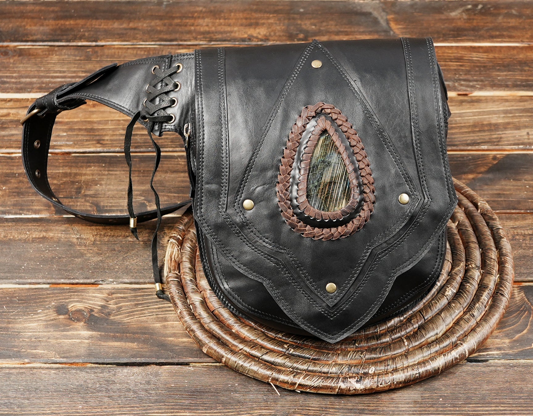 Genuine leather waist bag with gemstone inlay