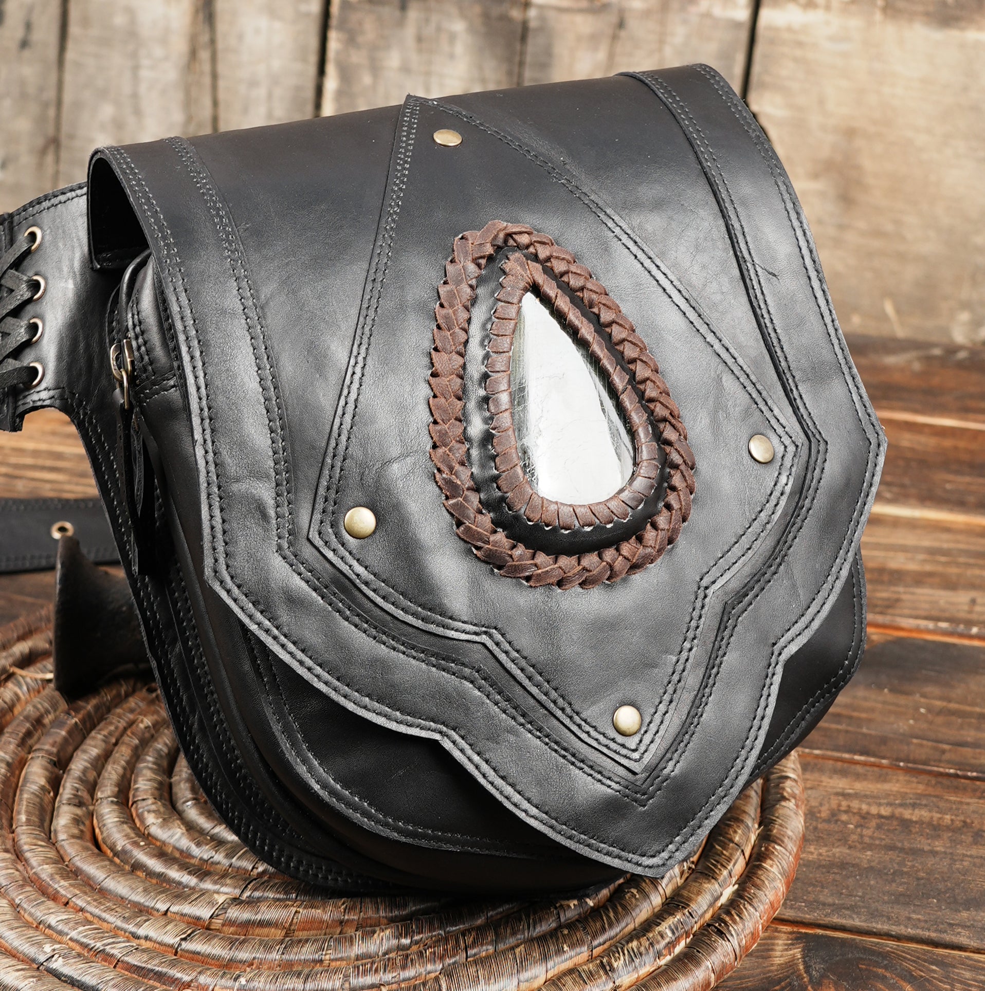 Handcrafted Brown Leather Waist Belt Bag with Gemstone Detail || Festival Leather Utility Belt Pouch with Teardrop Stone Accent For Unisex (LT/AB/WB/6177)