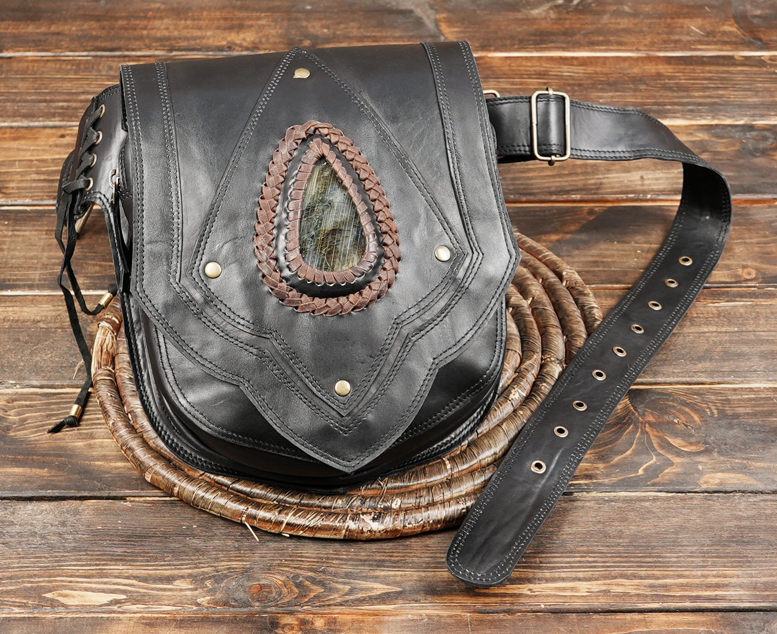 Steampunk style leather waist belt with decorative stitching