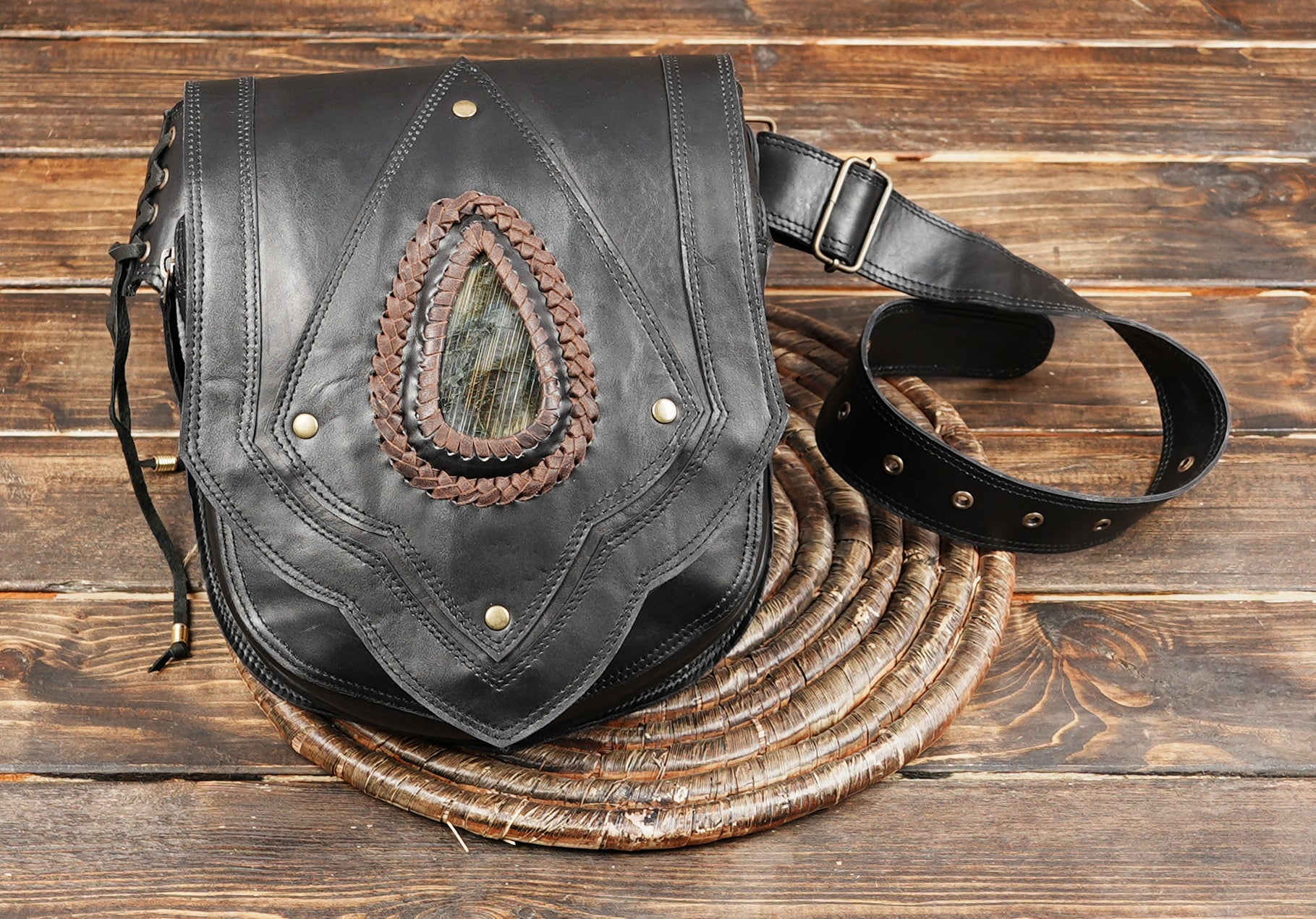 Unisex leather hip bag with gemstone and brass accents
