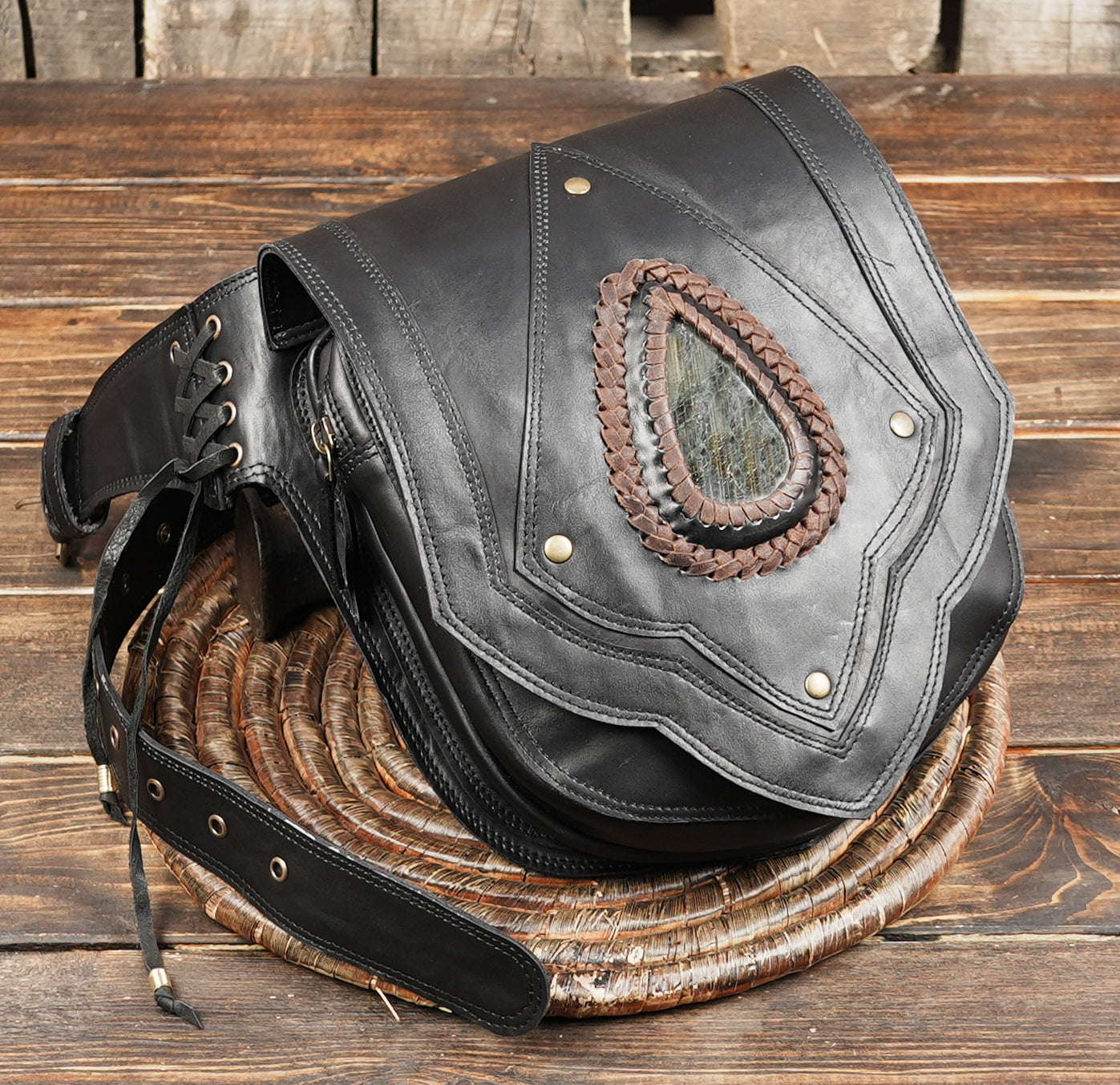 Premium black leather waist pouch with stone detail