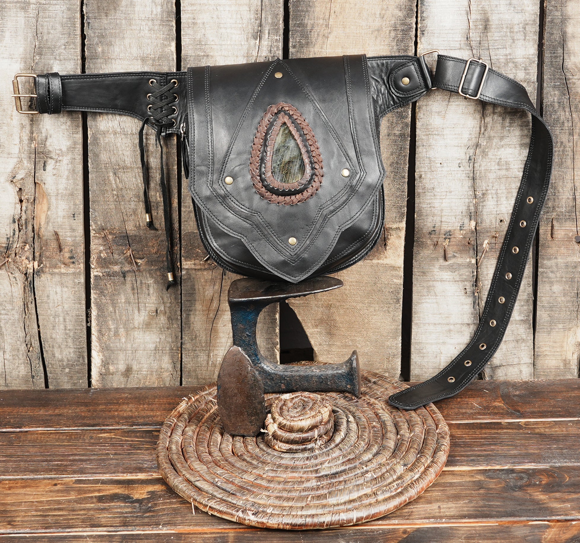 Bohemian leather belt bag with teardrop gemstone inlay