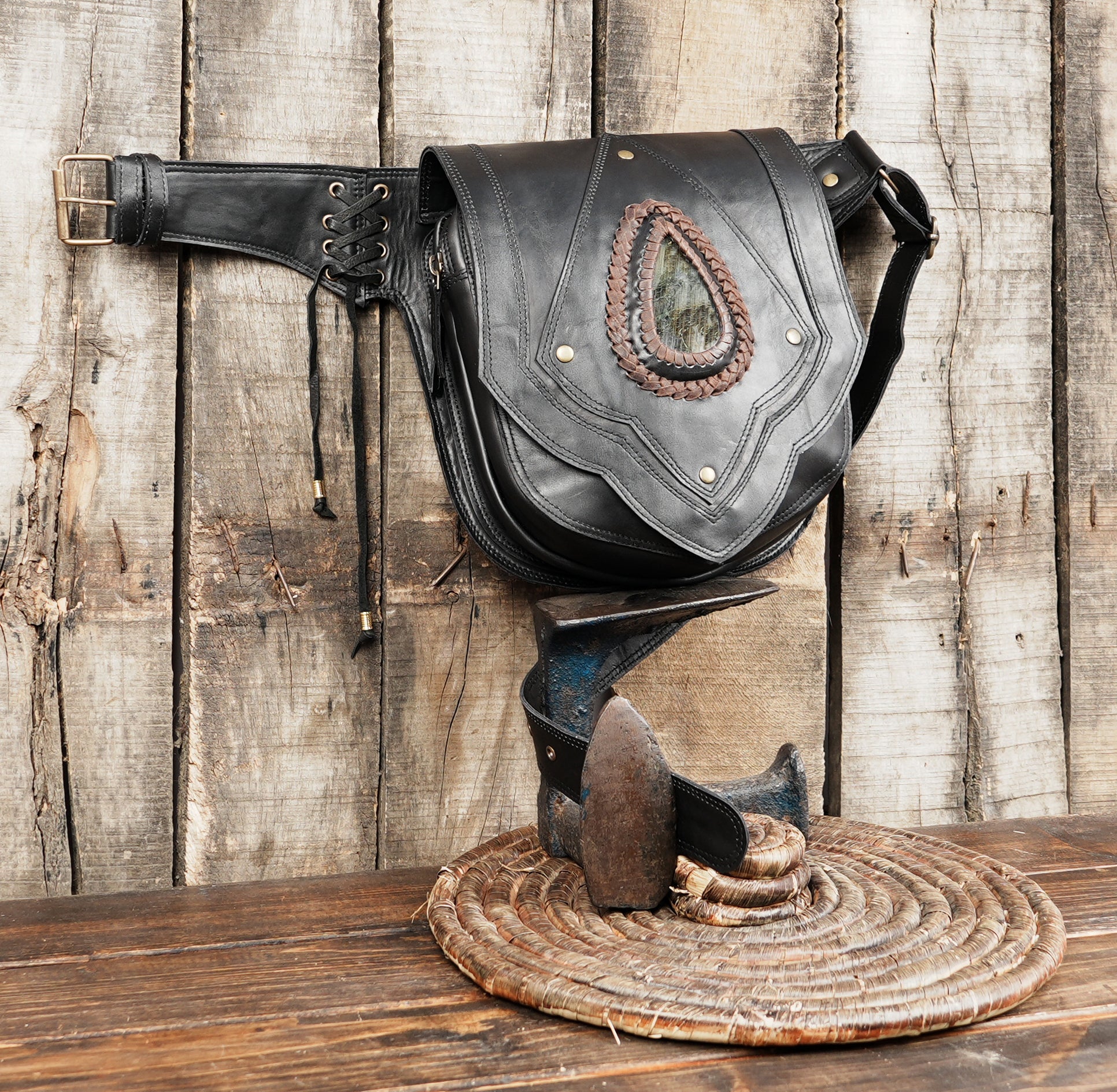 Gothic leather waist belt with braided leather border