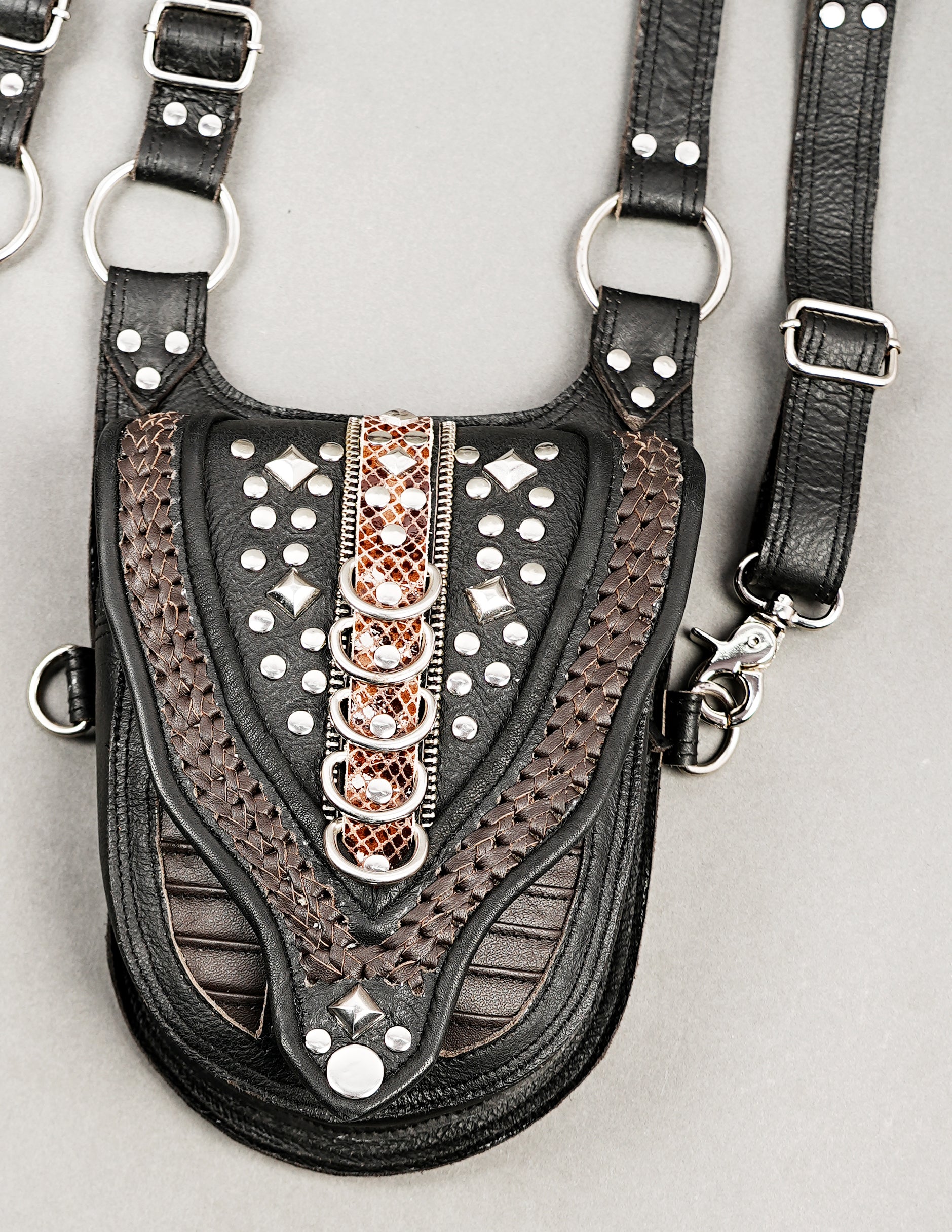 Artisan dual pouch leather holster with copper-tone detailing